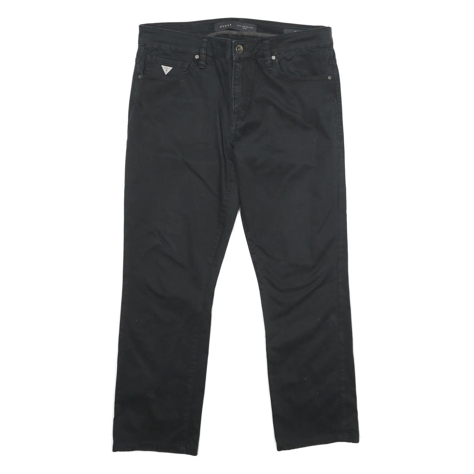 GUESS Mens Cotton Blend Black Regular Fit Straight Leg Trousers W34 L28 Zip