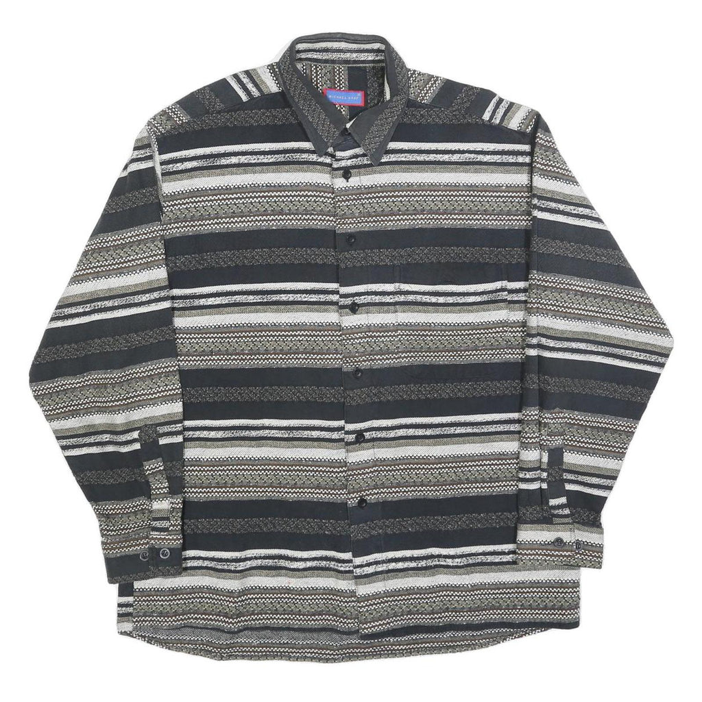 MICHAEL KAUF Mens Black Grey & White Striped Shirt L Long Sleeve Button Collar