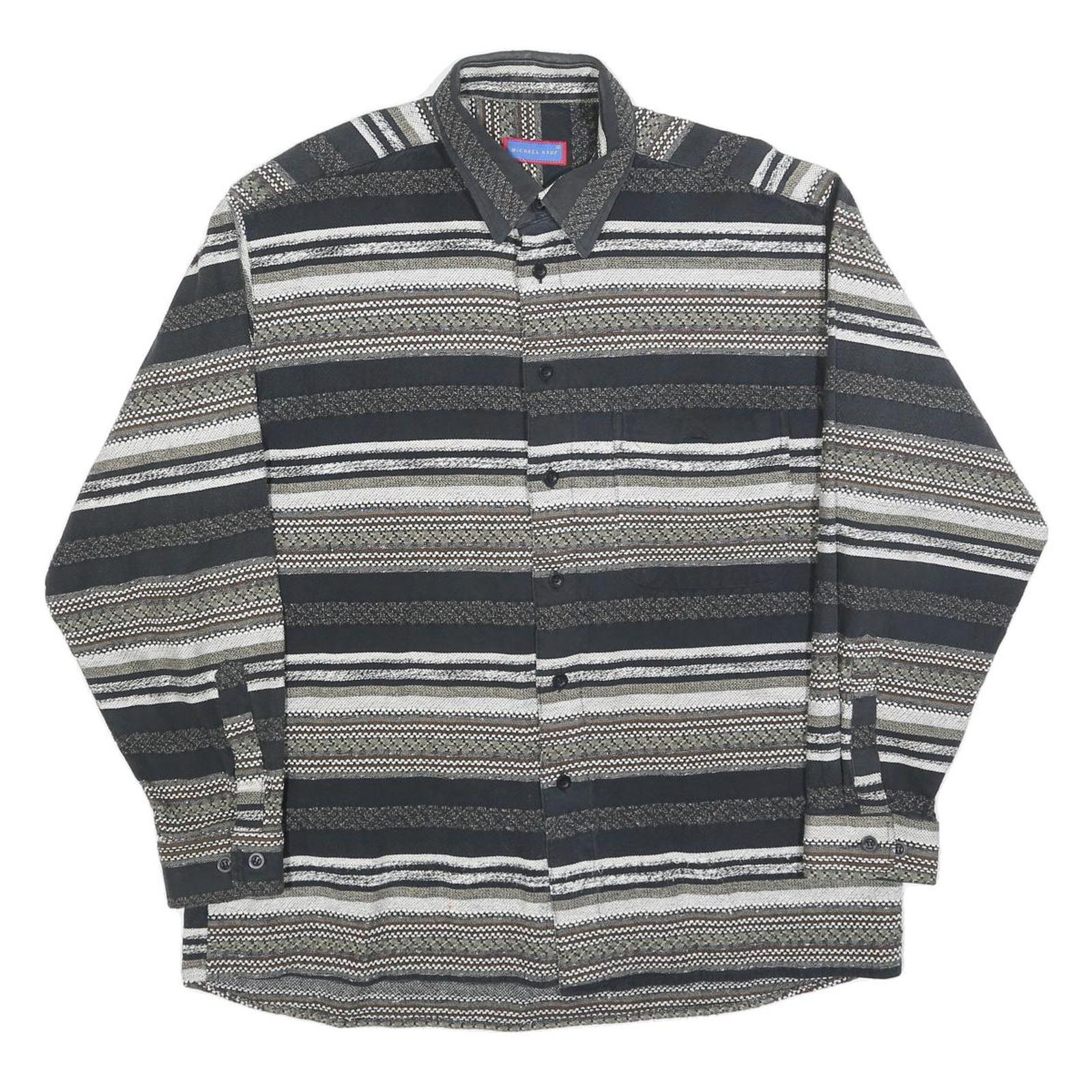 MICHAEL KAUF Mens Black Grey & White Striped Shirt L Long Sleeve Button Collar