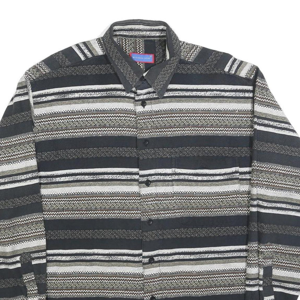 MICHAEL KAUF Mens Black Grey & White Striped Shirt L Long Sleeve Button Collar