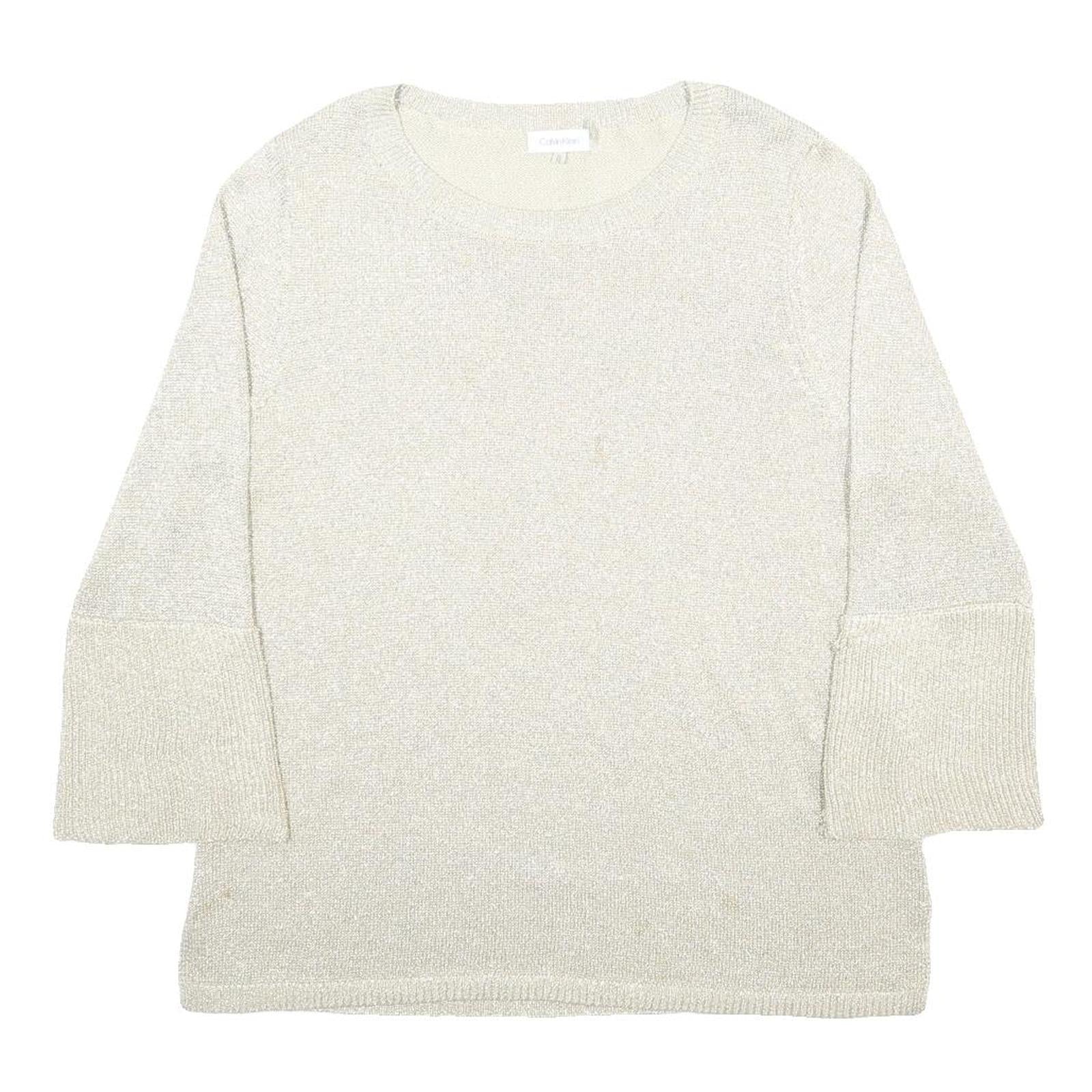 CALVIN KLEIN Womens Cream Plain Pullover Jumper Crew Neck XL Polyester Blend