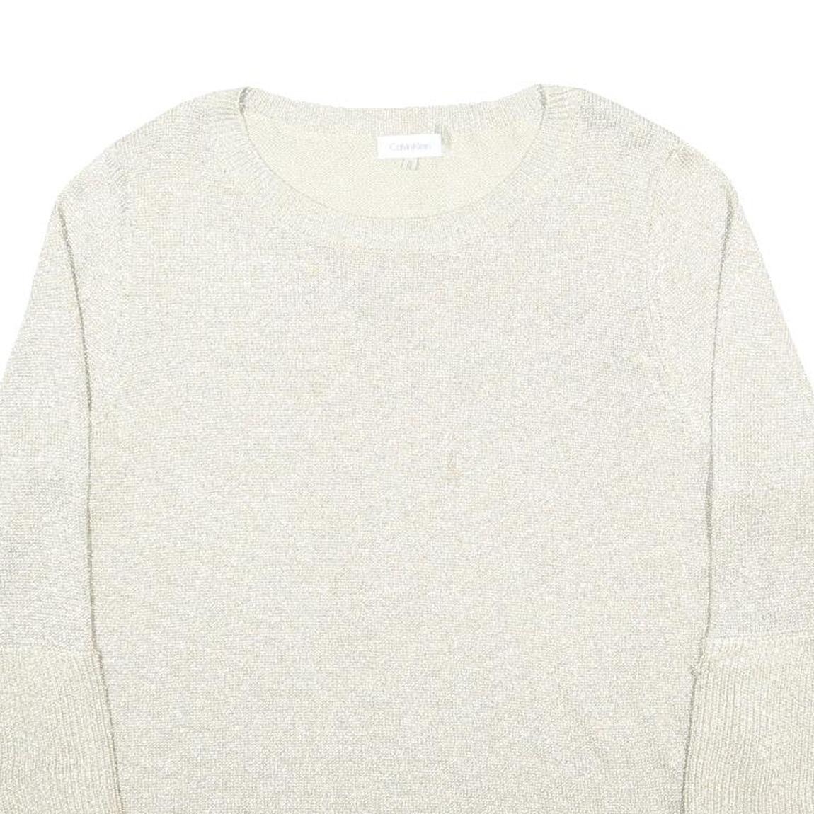 CALVIN KLEIN Womens Cream Plain Pullover Jumper Crew Neck XL Polyester Blend