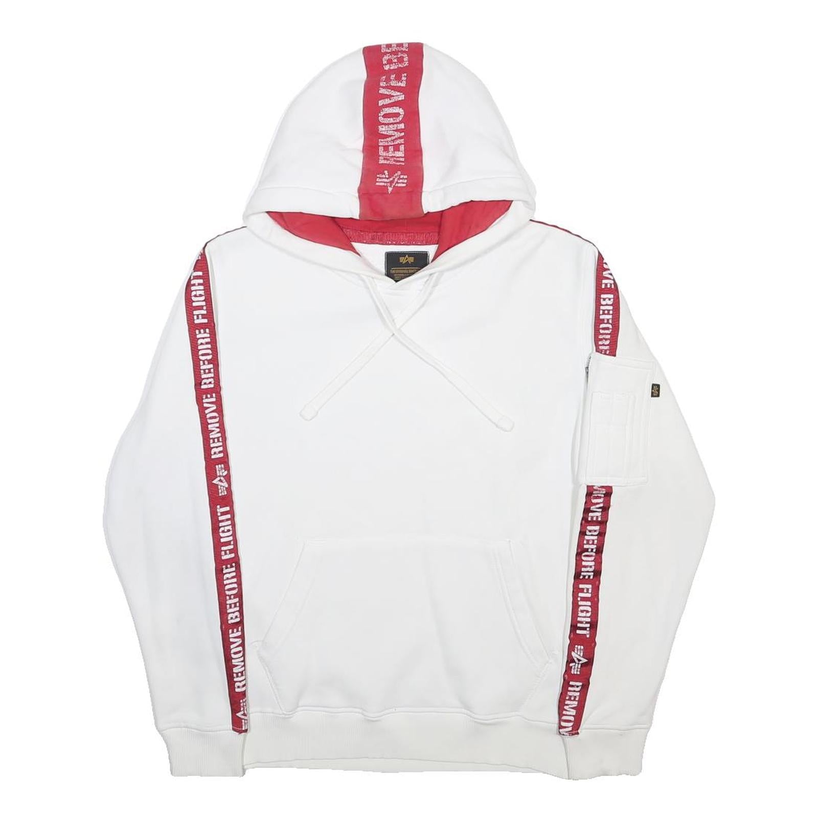 ALPHA INDUSTRIES Mens White & Red Hoodie XS Remove Before Flight Print Cotton