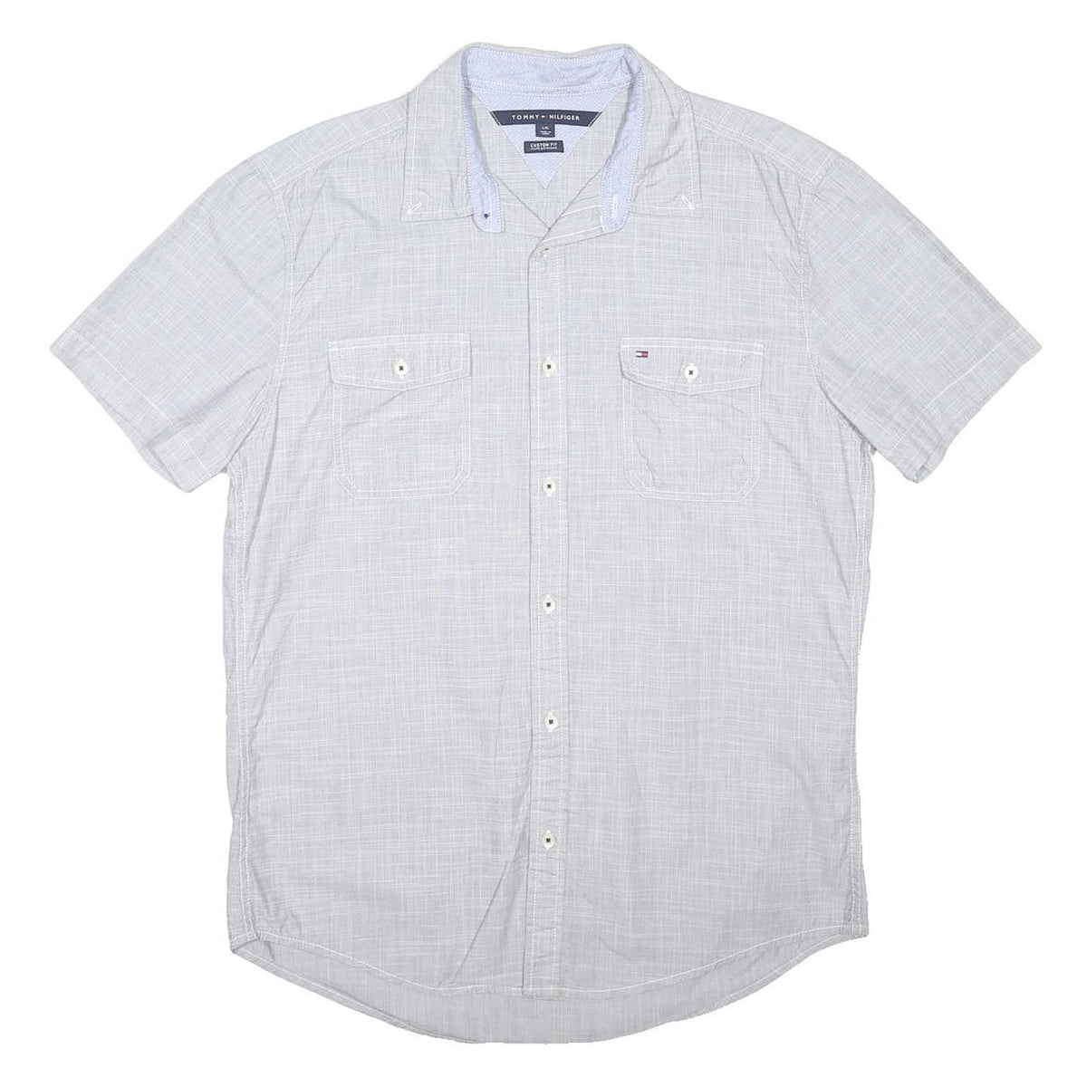 TOMMY HILFIGER Mens White Cotton Blend Shirt L Casual Short Sleeve Button