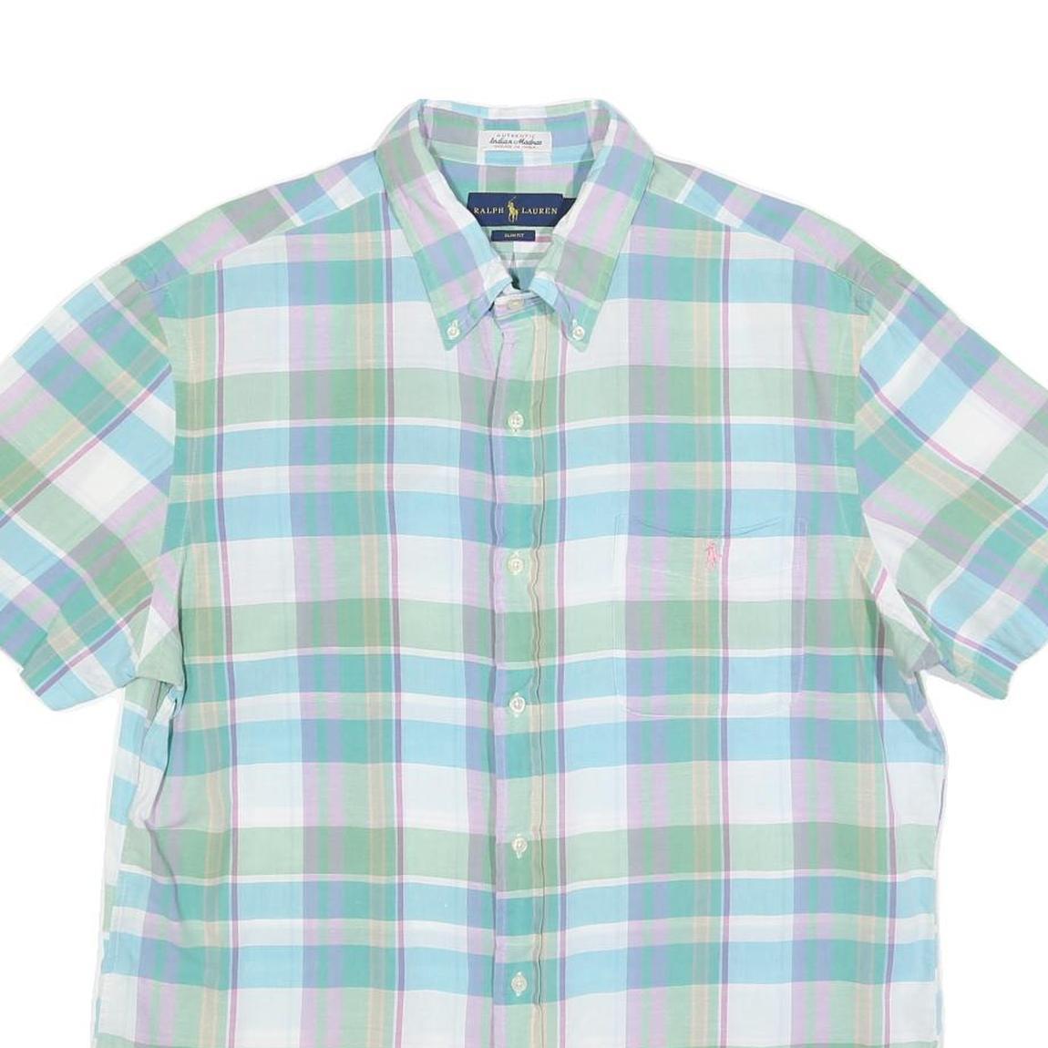 RALPH LAUREN Mens Green & Blue Check Shirt XL Summer Casual Cotton Short Sleeve