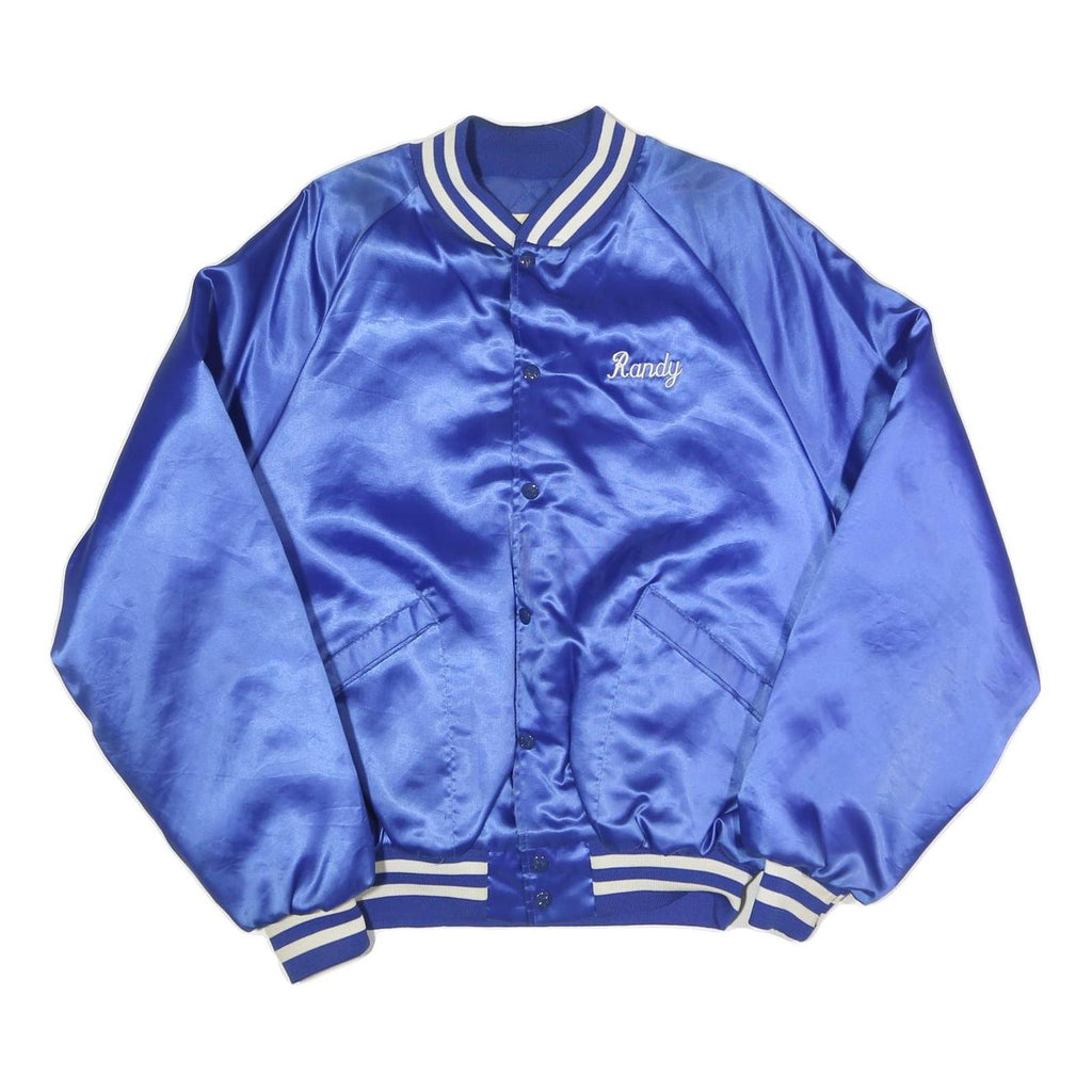Mens Blue Satin Button Jacket L Plain Varsity Retro USA Furniture Flint Michigan