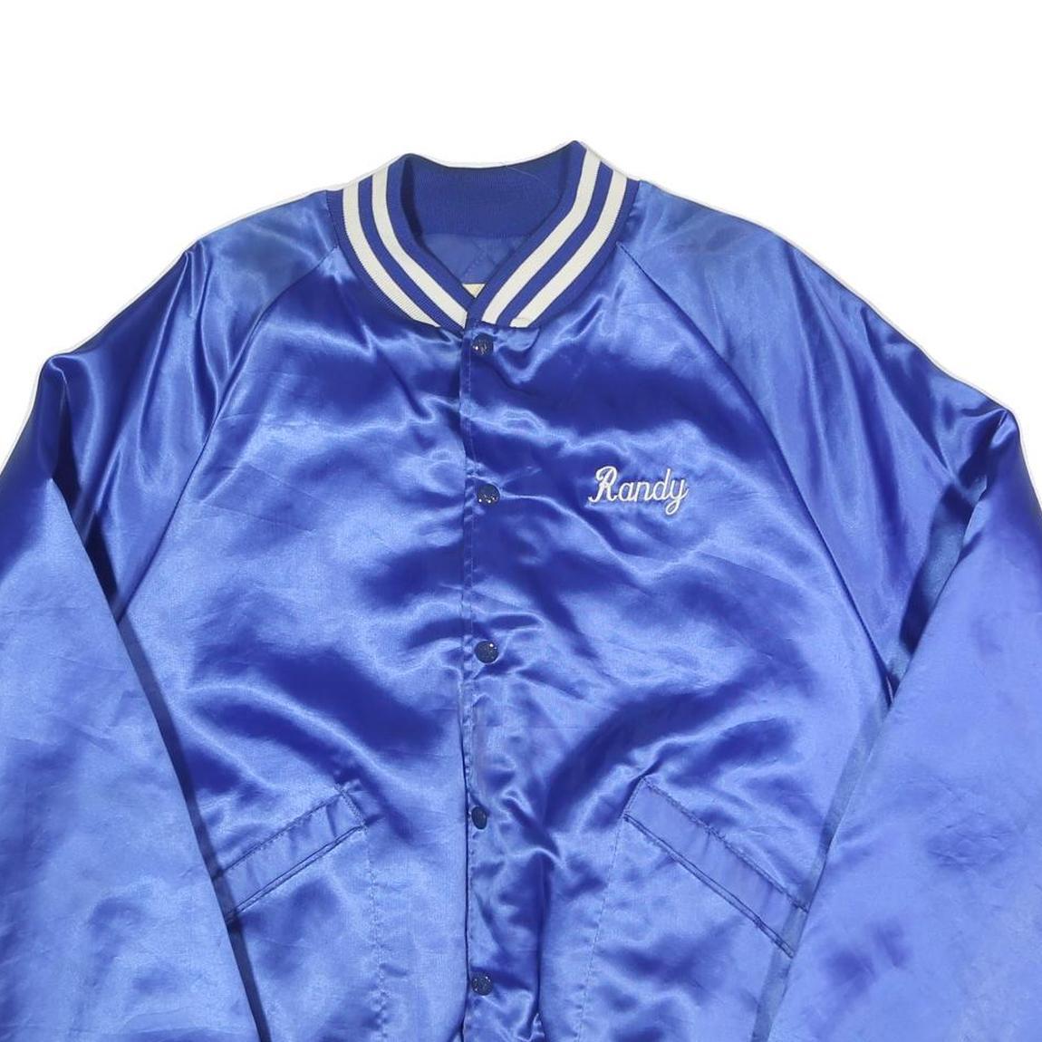 Mens Blue Satin Button Jacket L Plain Varsity Retro USA Furniture Flint Michigan