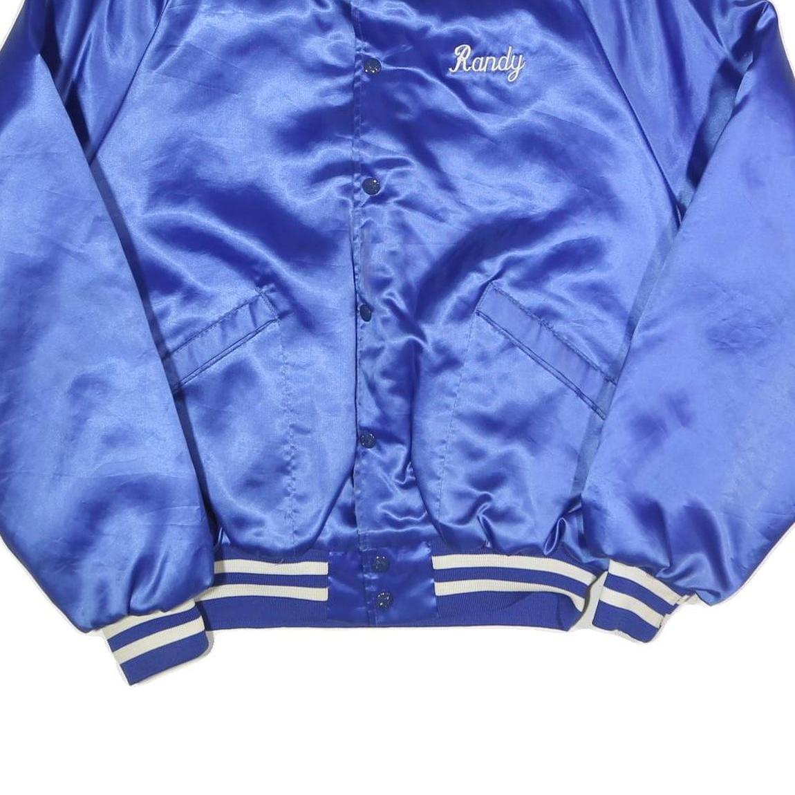 Mens Blue Satin Button Jacket L Plain Varsity Retro USA Furniture Flint Michigan