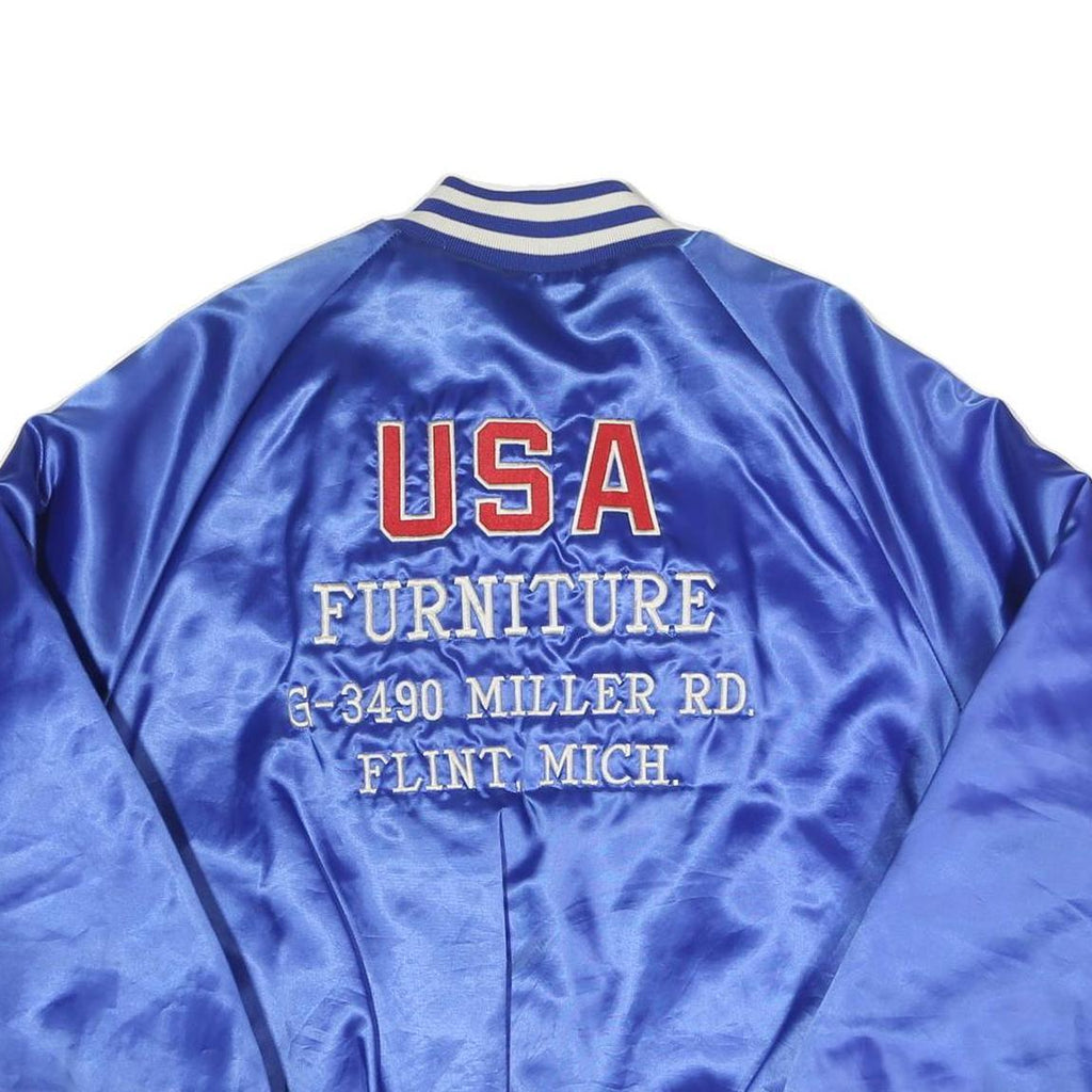 Mens Blue Satin Button Jacket L Plain Varsity Retro USA Furniture Flint Michigan