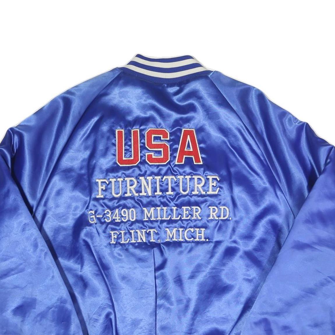 Mens Blue Satin Button Jacket L Plain Varsity Retro USA Furniture Flint Michigan