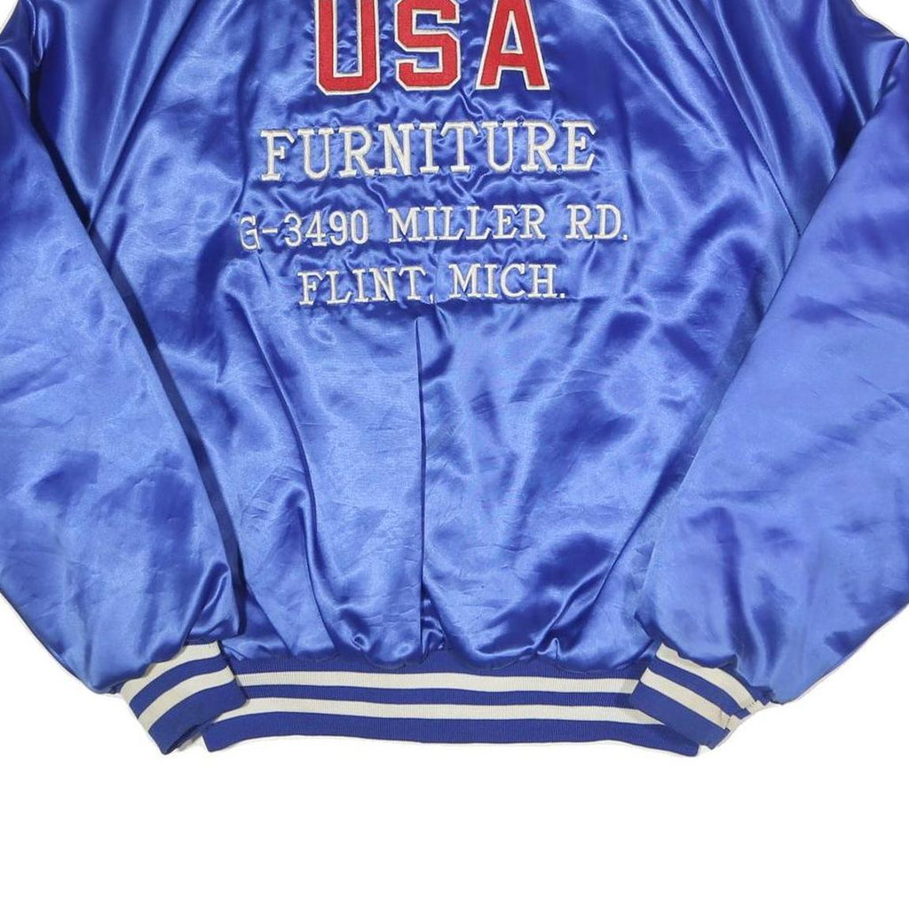 Mens Blue Satin Button Jacket L Plain Varsity Retro USA Furniture Flint Michigan