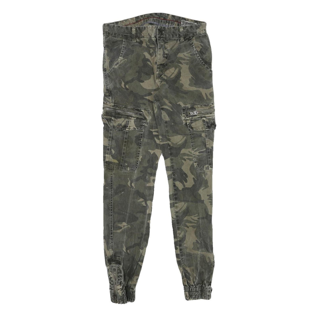 Mens Slim Fit Cotton Blend Green Camouflage Cargo Trousers W29 L30 Zip Pocketed