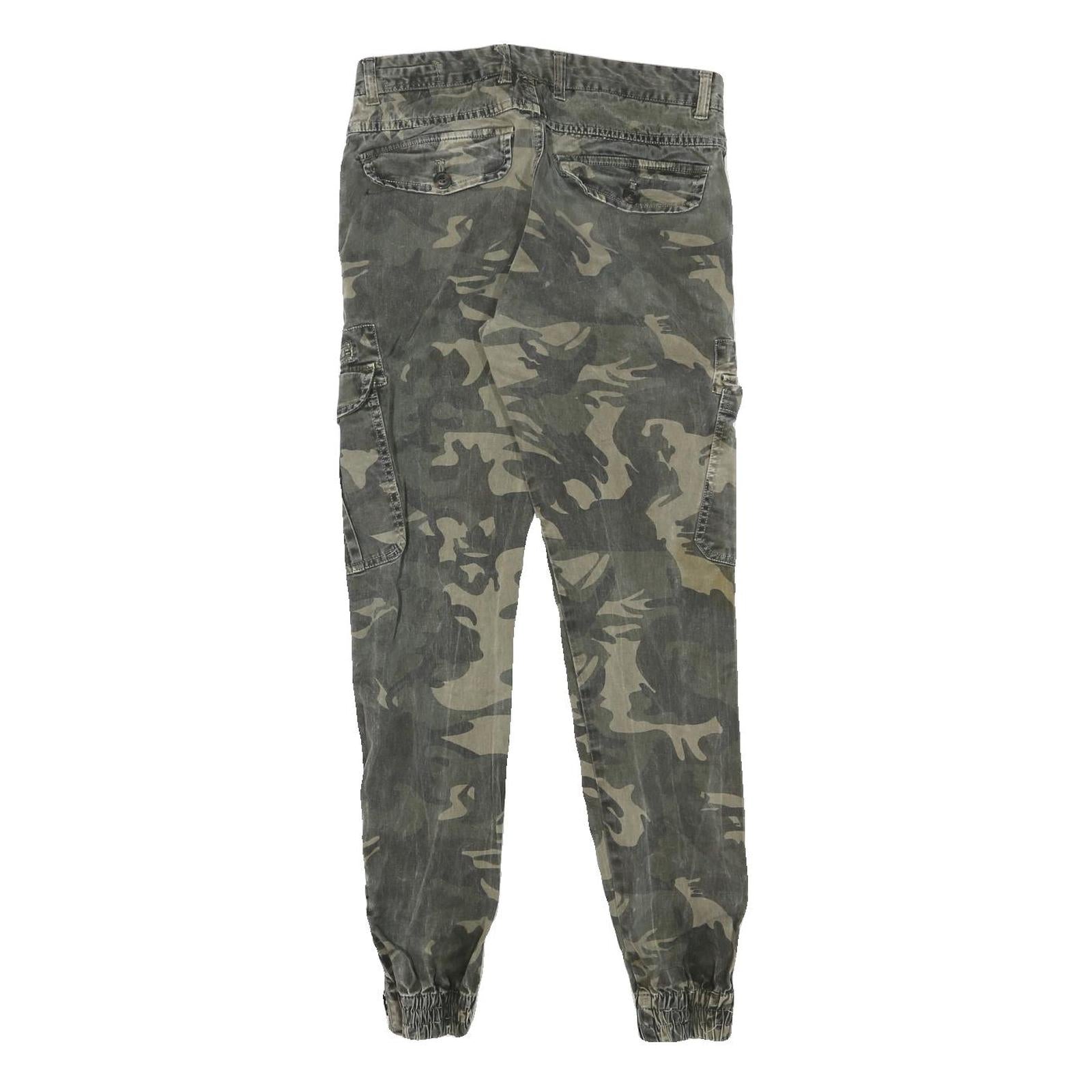 Mens Slim Fit Cotton Blend Green Camouflage Cargo Trousers W29 L30 Zip Pocketed