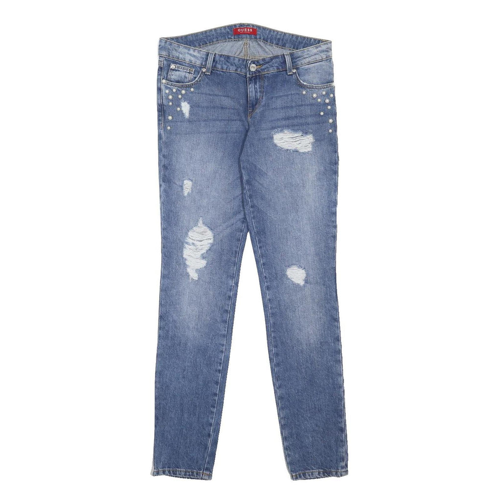 GUESS Womens Blue Slim Skinny Denim Jeans W31 L32 Distressed Pearl Studs Zip