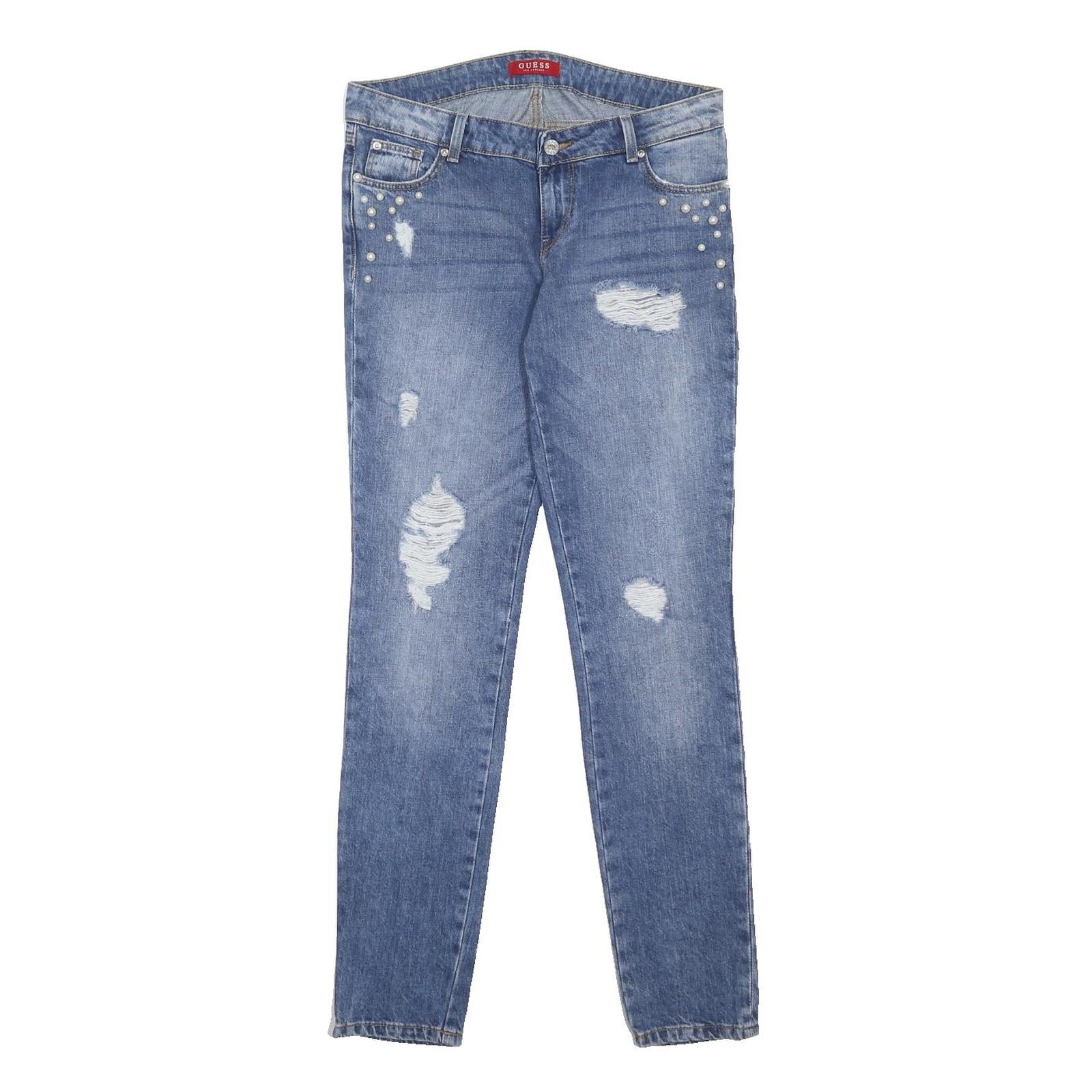 GUESS Womens Blue Slim Skinny Denim Jeans W31 L32 Distressed Pearl Studs Zip