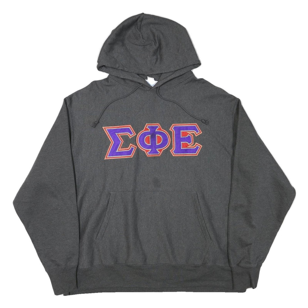 CHAMPION Mens Grey Hoodie 2XL Embroidered Greek Letters Pullover Sweatshirt