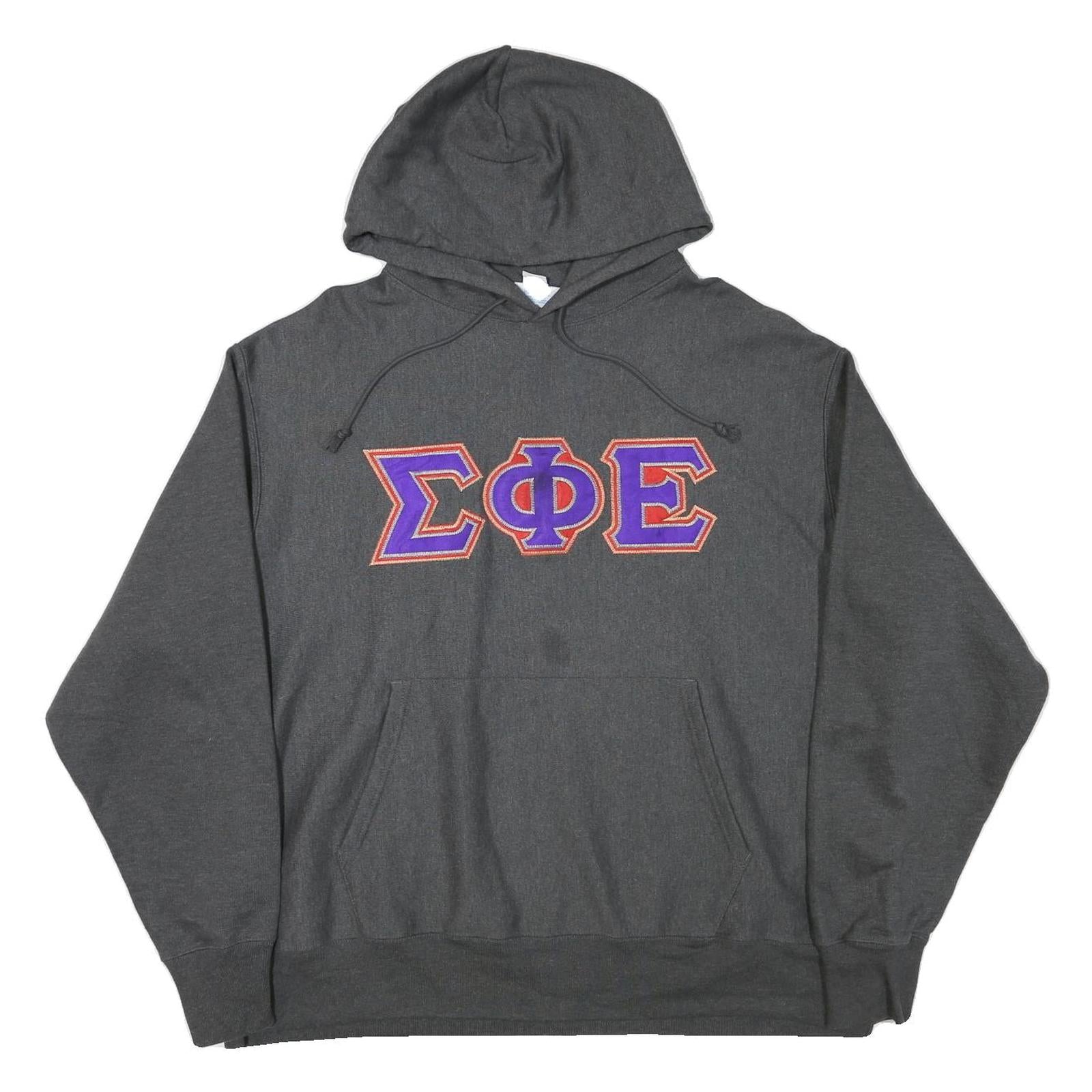 CHAMPION Mens Grey Hoodie 2XL Embroidered Greek Letters Pullover Sweatshirt