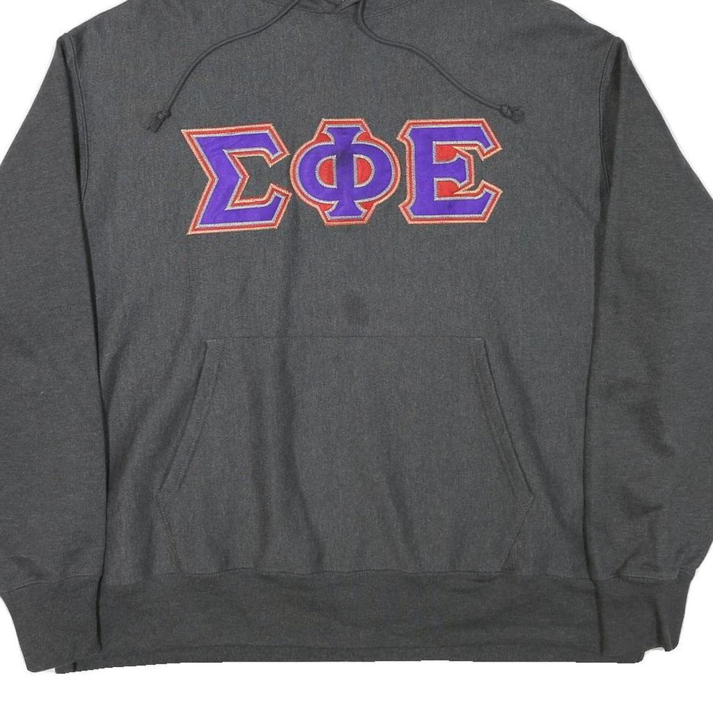 CHAMPION Mens Grey Hoodie 2XL Embroidered Greek Letters Pullover Sweatshirt