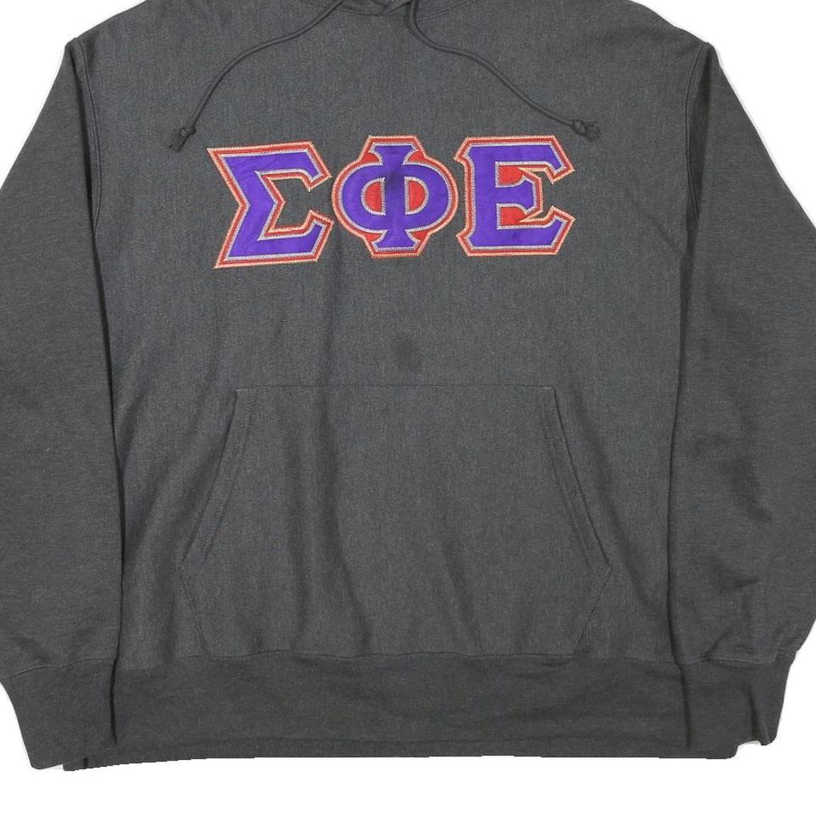 CHAMPION Mens Grey Hoodie 2XL Embroidered Greek Letters Pullover Sweatshirt