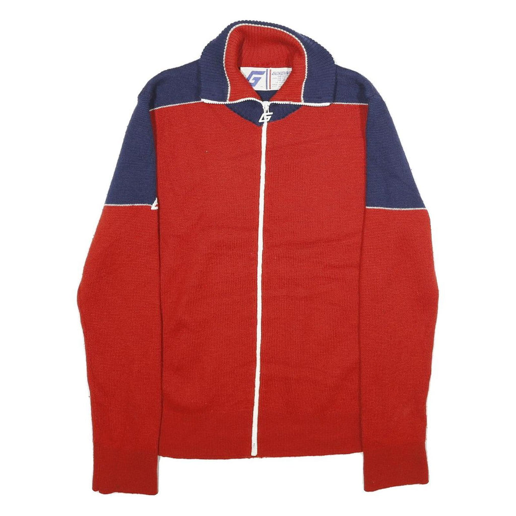 GORDINI Mens Red & Navy Patterned Jumper Full Zip Crew Neck Wool M Knitwear