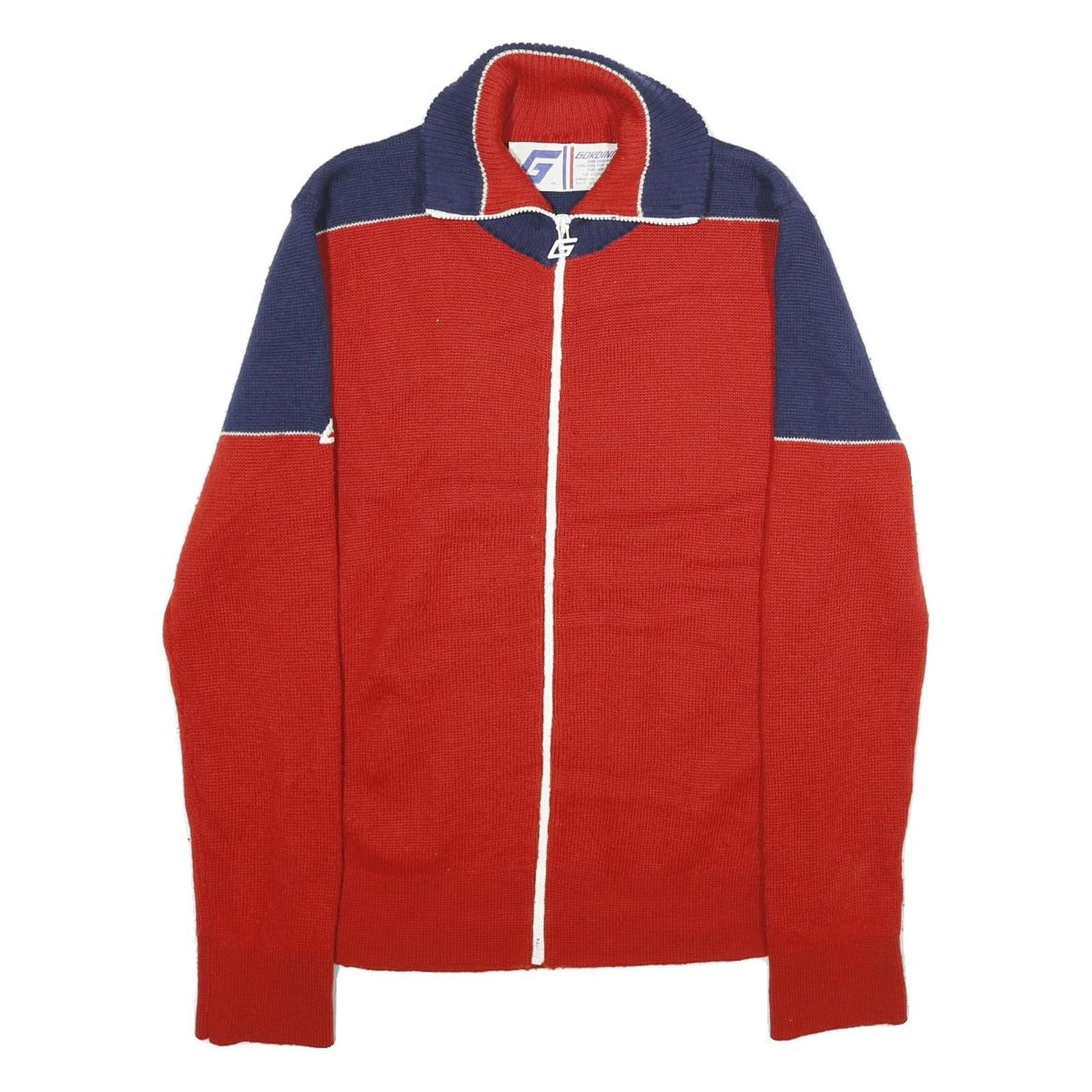 GORDINI Mens Red & Navy Patterned Jumper Full Zip Crew Neck Wool M Knitwear