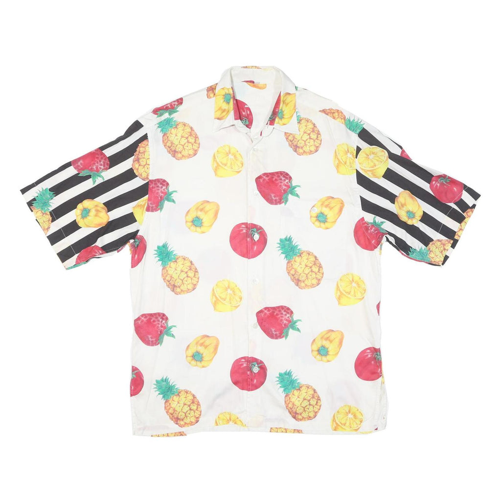 Mens White & Black Fruit Print Cotton Blend Shirt L Casual Summer Short Sleeve