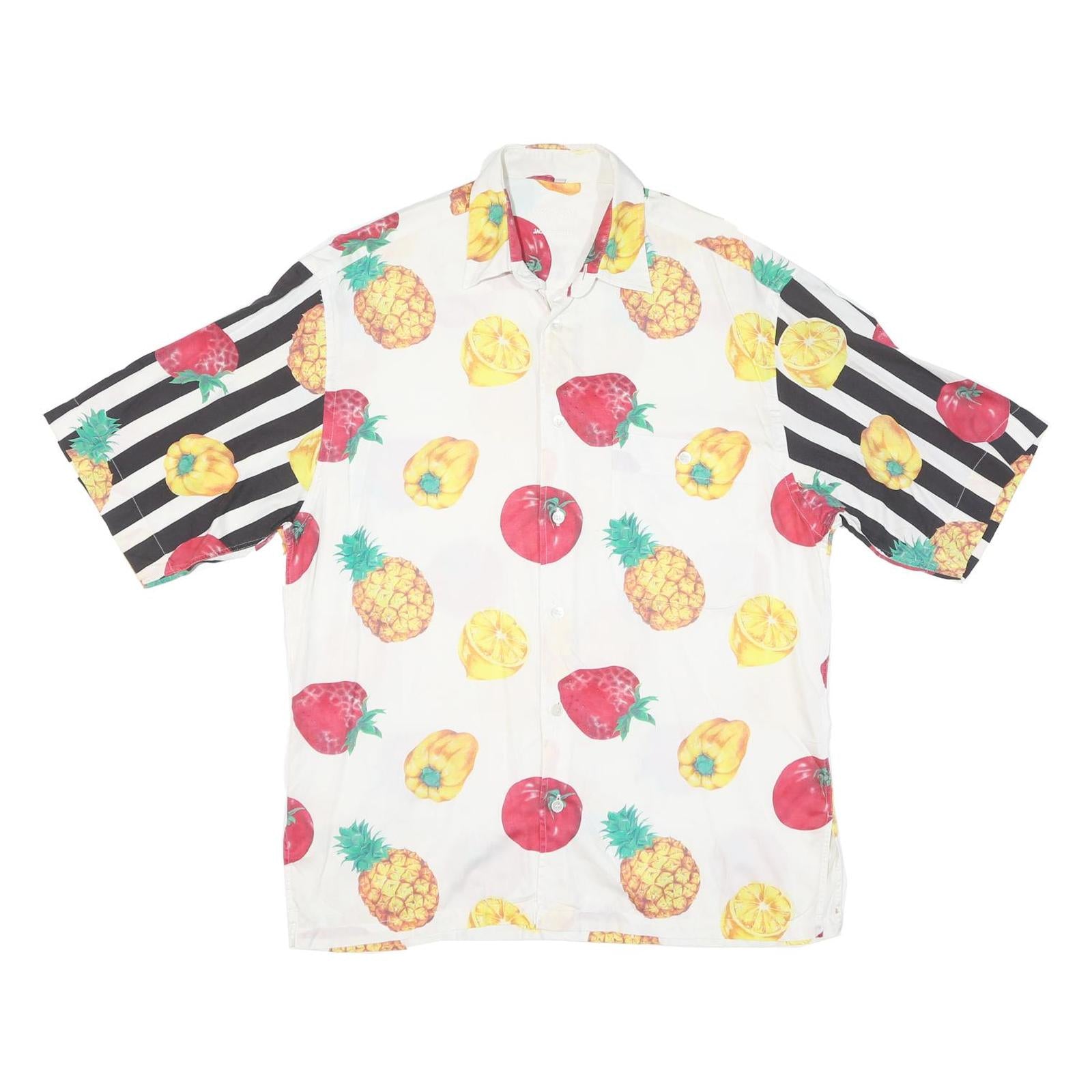 Mens White & Black Fruit Print Cotton Blend Shirt L Casual Summer Short Sleeve