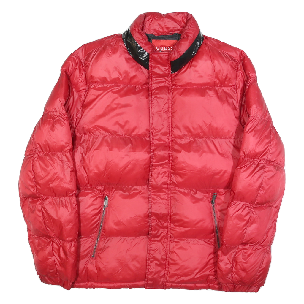 GUESS Mens Red Black Puffer Jacket M Polyester Blend Zip Casual Winter