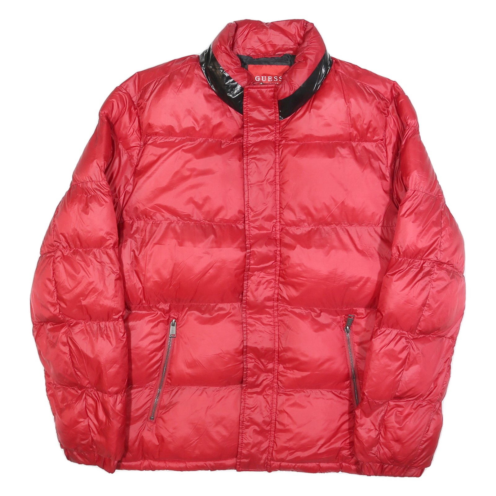 GUESS Mens Red Black Puffer Jacket M Polyester Blend Zip Casual Winter