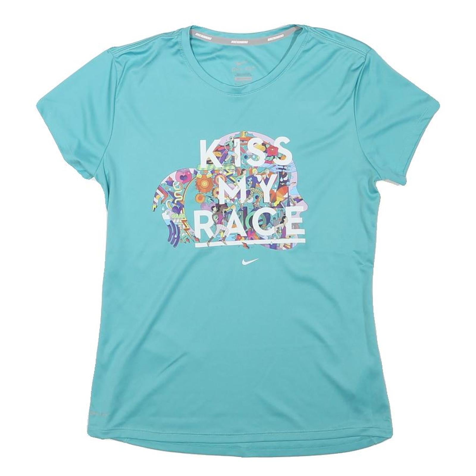 NIKE Womens Blue Kiss My Race Graphic T-Shirt M Short Sleeve Crew Neck