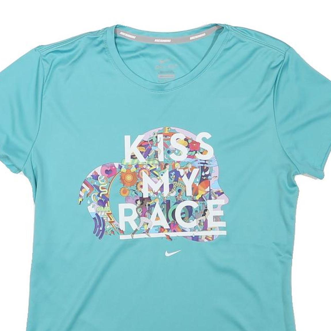 NIKE Womens Blue Kiss My Race Graphic T-Shirt M Short Sleeve Crew Neck