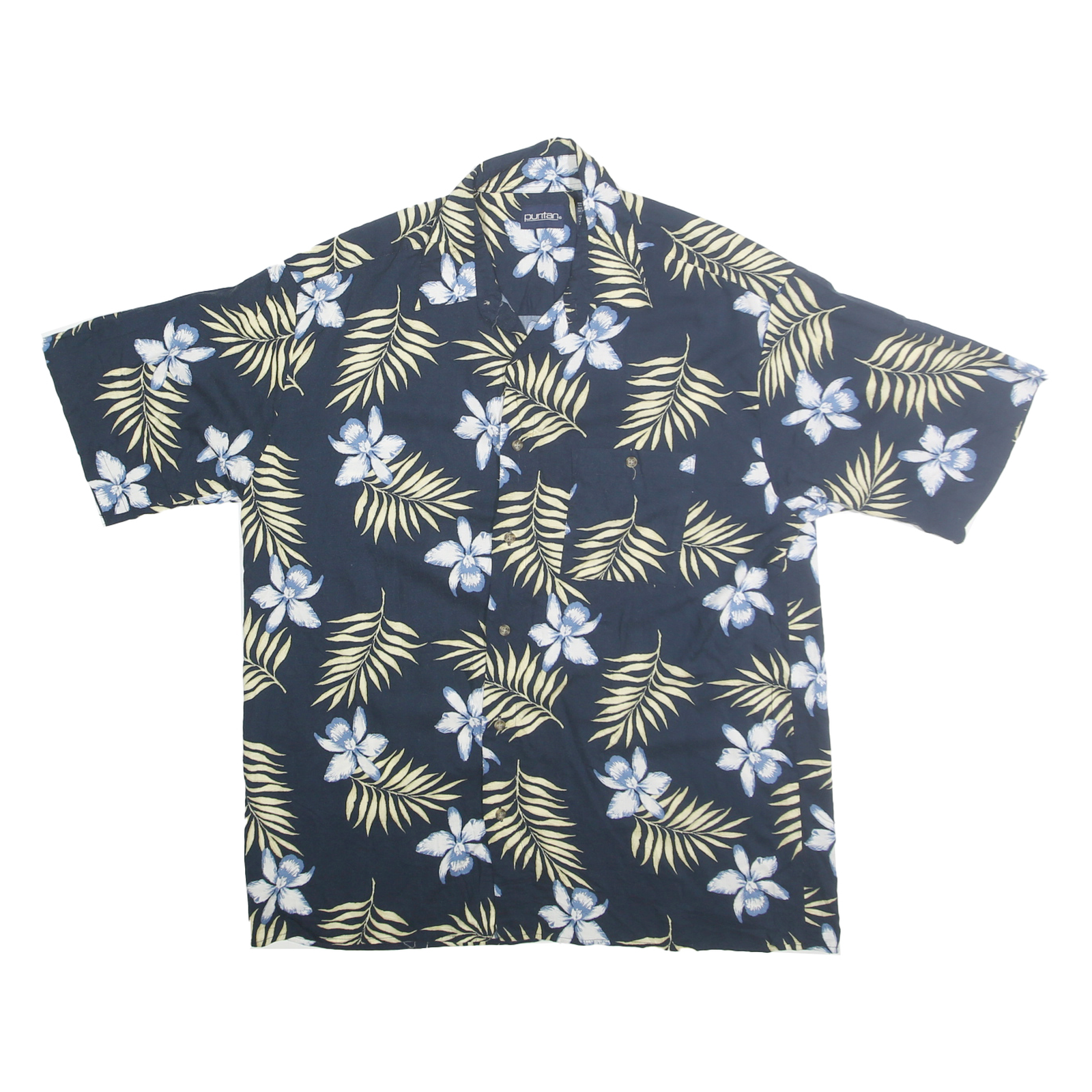 PURITAN Mens Navy Blue & Cream Floral Pattern Shirt L Viscose Summer Wear
