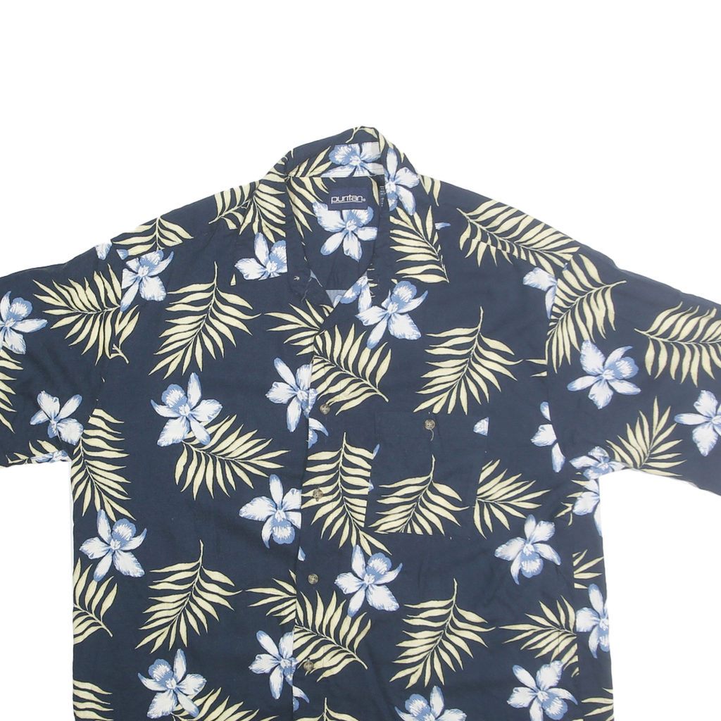 PURITAN Mens Navy Blue & Cream Floral Pattern Shirt L Viscose Summer Wear