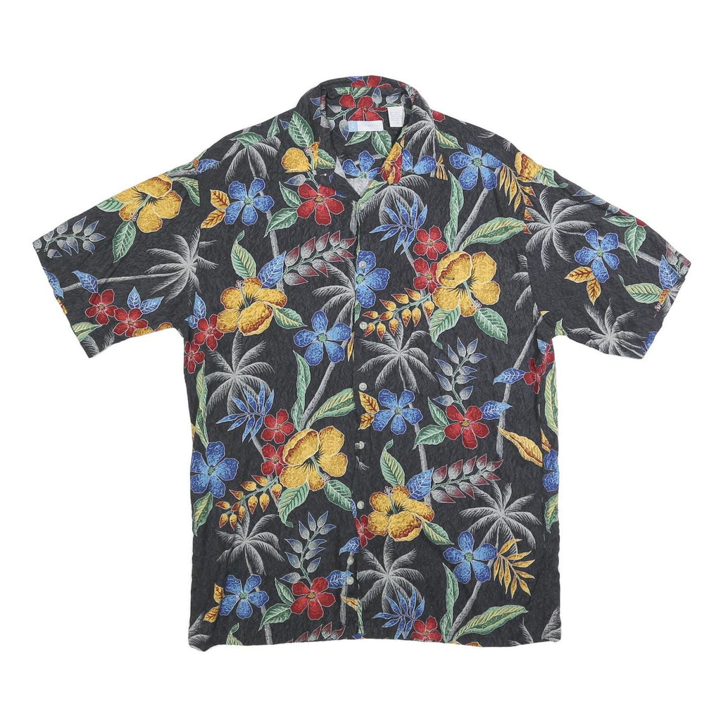 HALF MOON BAY Mens Black Floral Rayon Shirt M Hawaiian Tropical Print