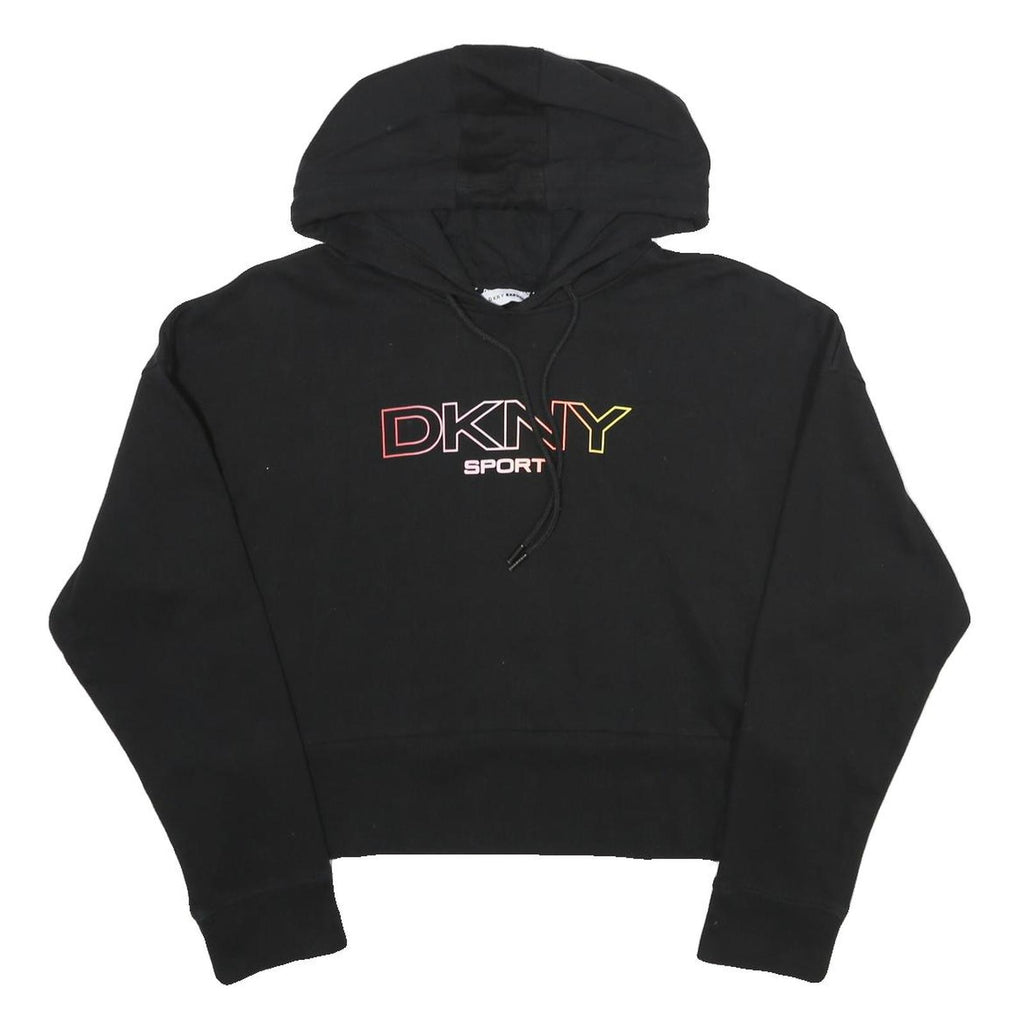 DKNY Womens Black Sport Pullover Hoodie M Cotton Blend Crop Sweatshirt