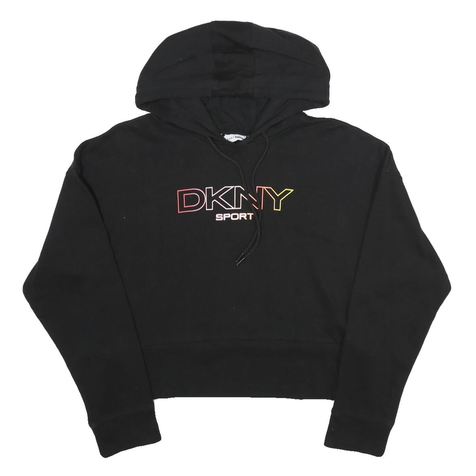 DKNY Womens Black Sport Pullover Hoodie M Cotton Blend Crop Sweatshirt