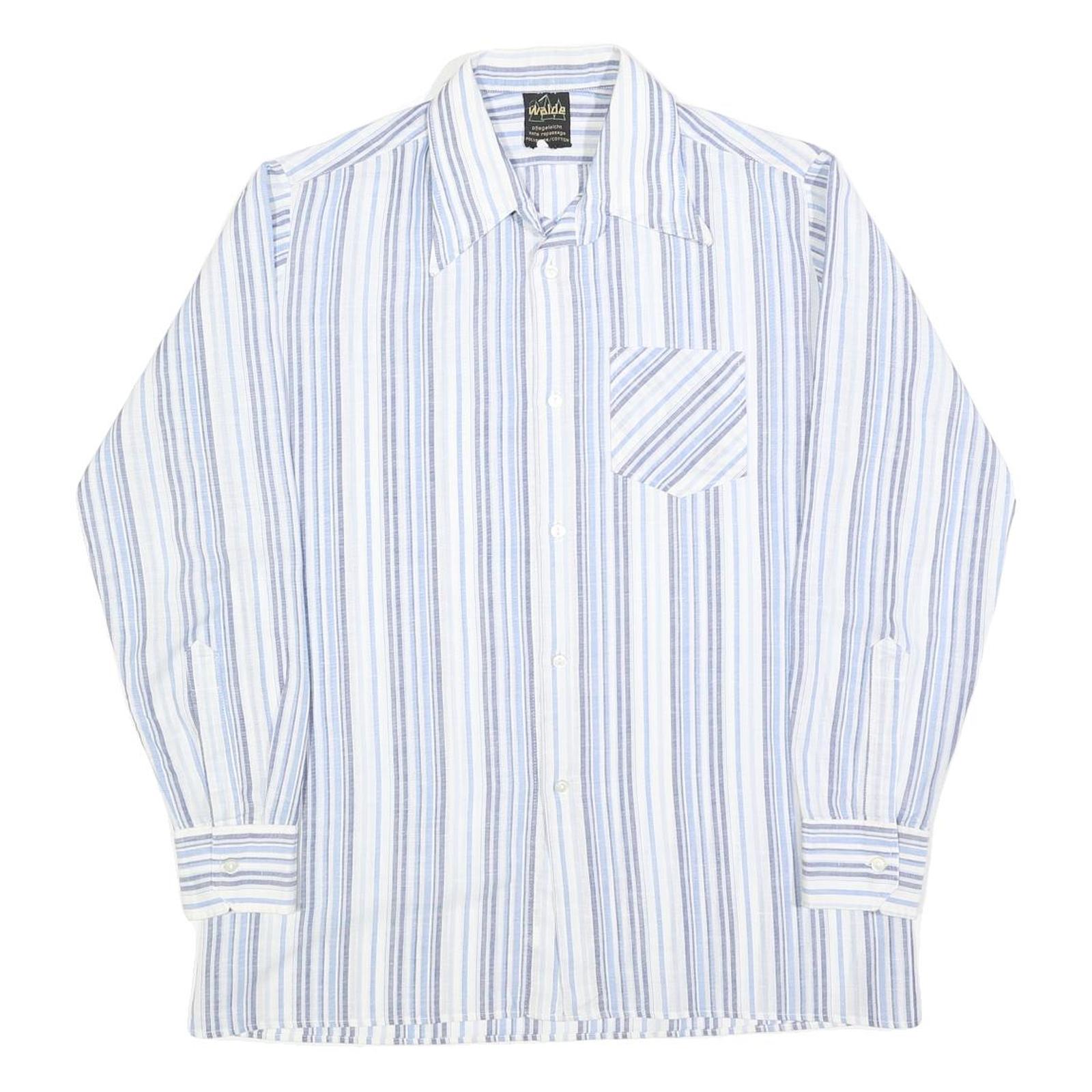 WALDE Mens Blue & White Striped Shirt L Cotton Blend Classic Fit Long Sleeve