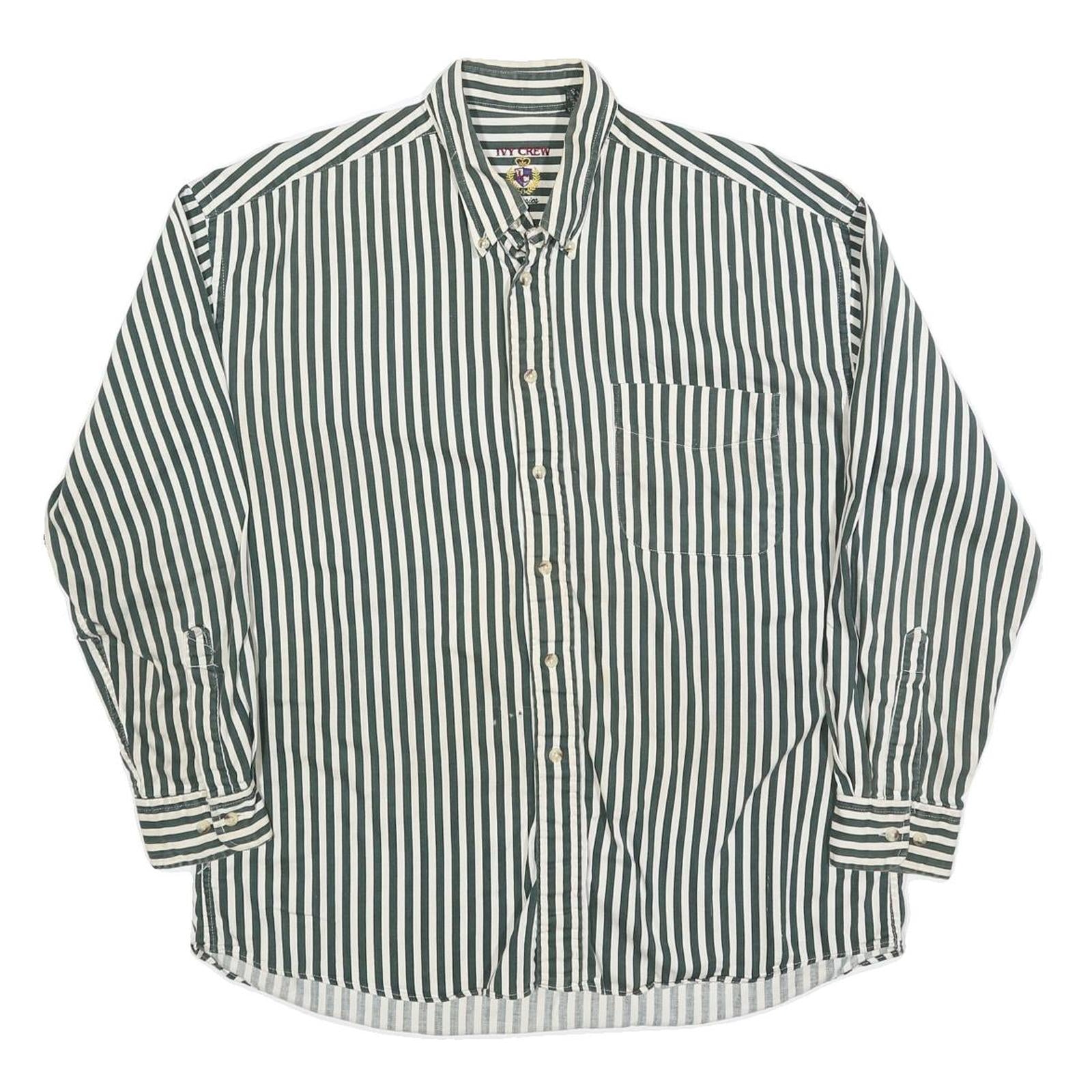 IVY CREW Mens Green & White Striped Shirt L Cotton Blend Button-Down Collar Long