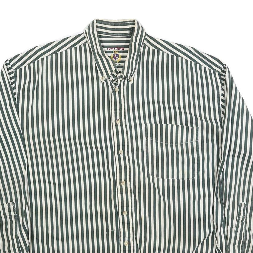 IVY CREW Mens Green & White Striped Shirt L Cotton Blend Button-Down Collar Long
