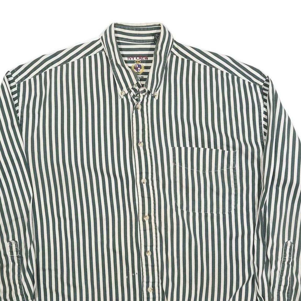 IVY CREW Mens Green & White Striped Shirt L Cotton Blend Button-Down Collar Long