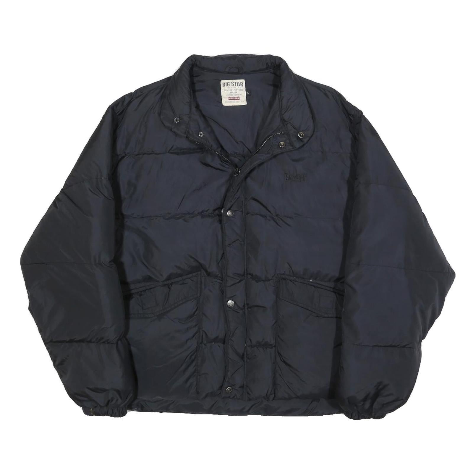 BIG STAR Mens Black Classic Jacket L Polyester Plain Zip Comfortable Warm