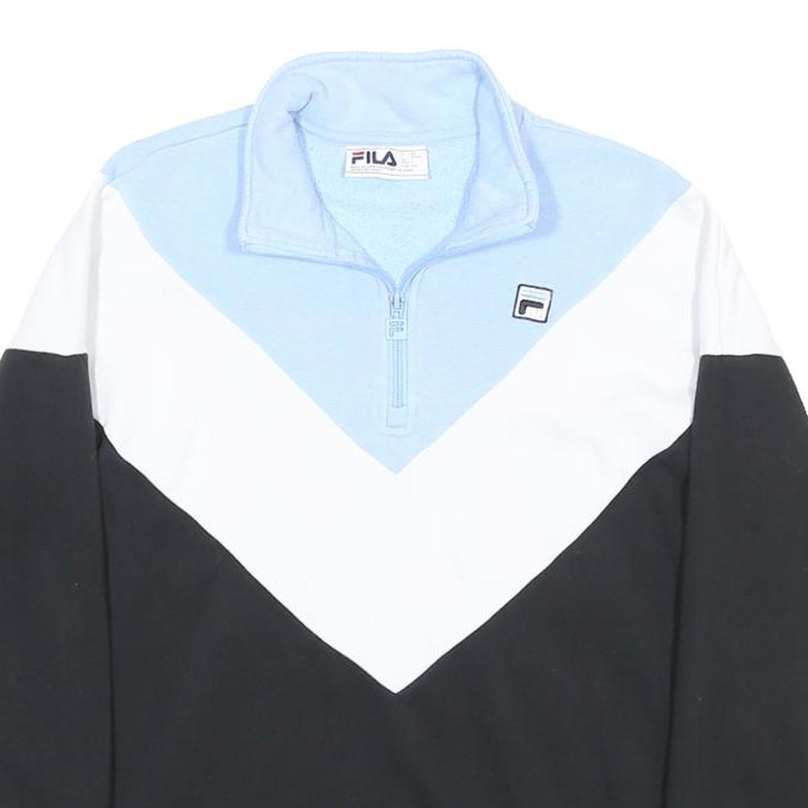 FILA Womens Blue & White & Black Pullover Sweatshirt S 1/4 Zip Casual Cotton