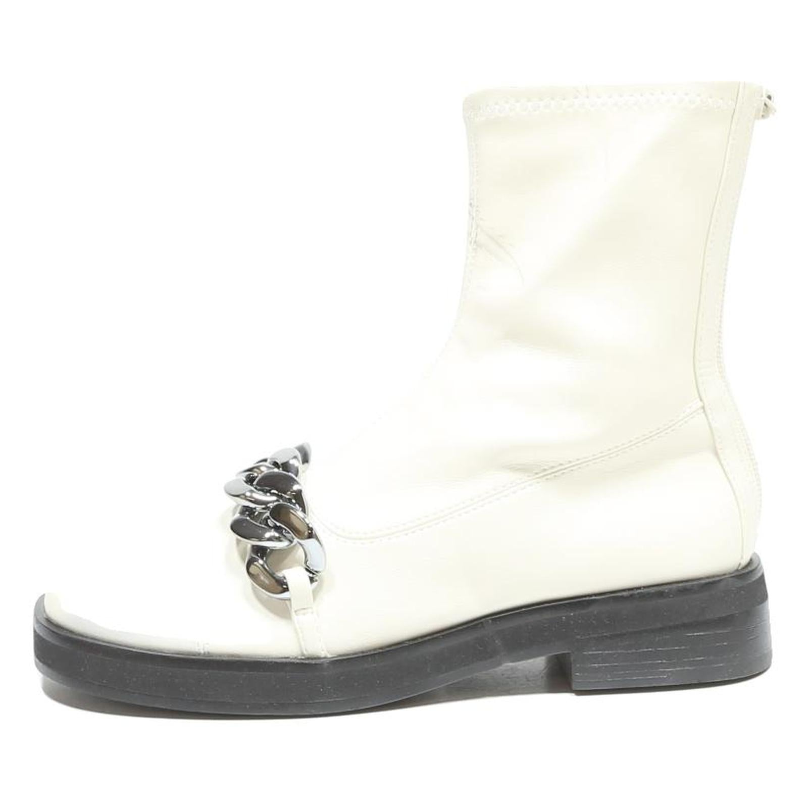 CHARLES & KEITH Womens White Leather Ankle Boots UK 2 Chain Detail Zipper