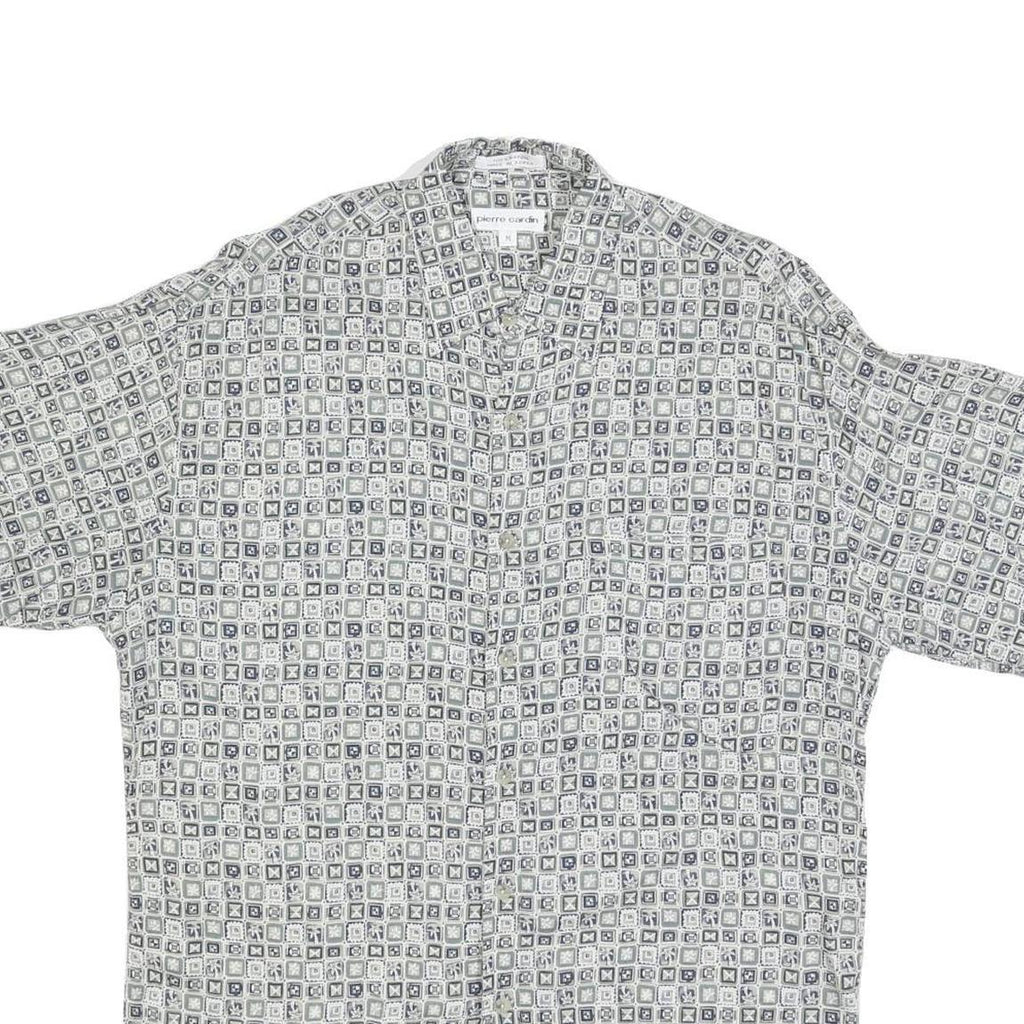 PIERRE CARDIN Mens White & Grey Patterned Rayon Shirt M Short Sleeve Button