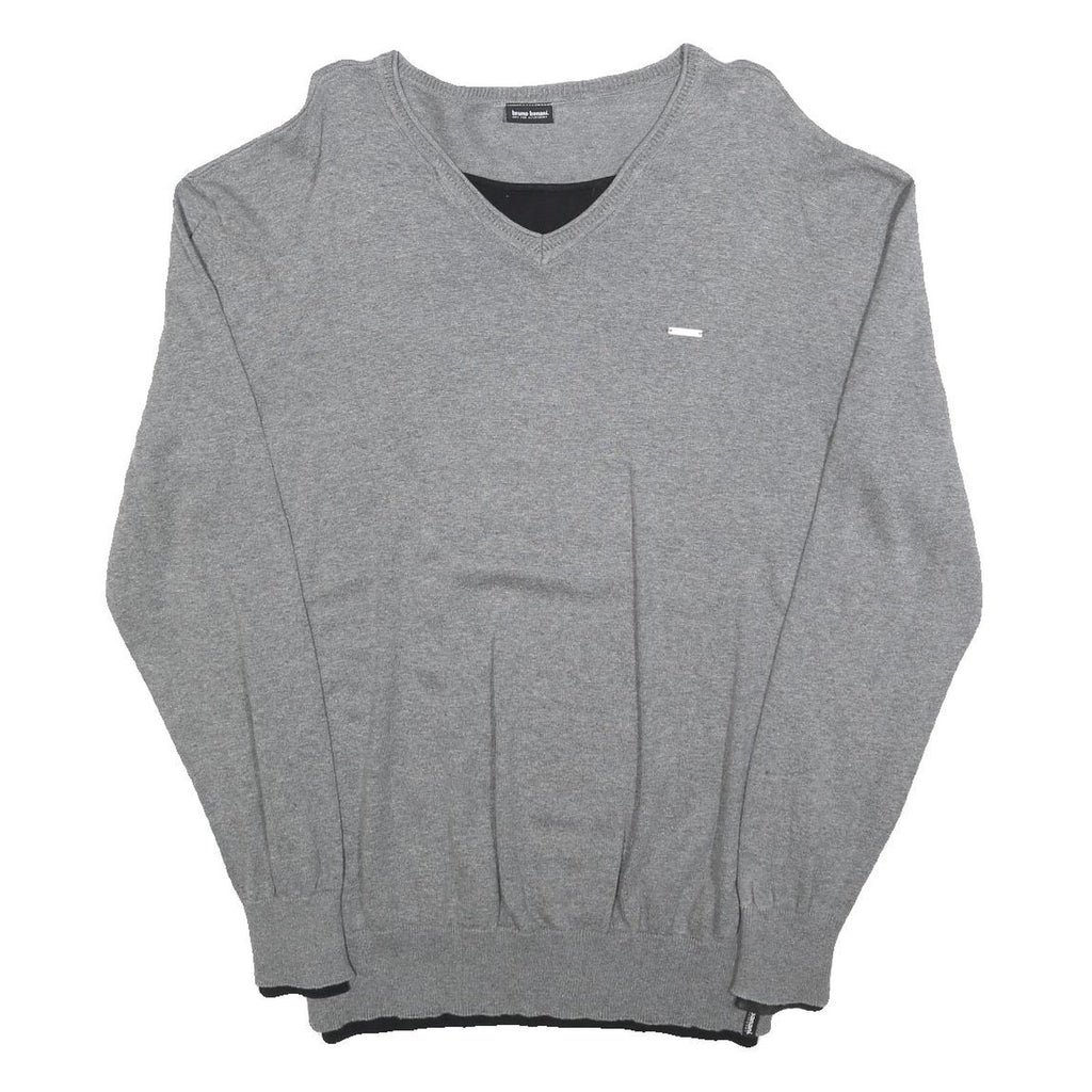 BRUNO BANANI Mens Grey Plain Pullover V-Neck Basic Knit L Lightweight Jumper