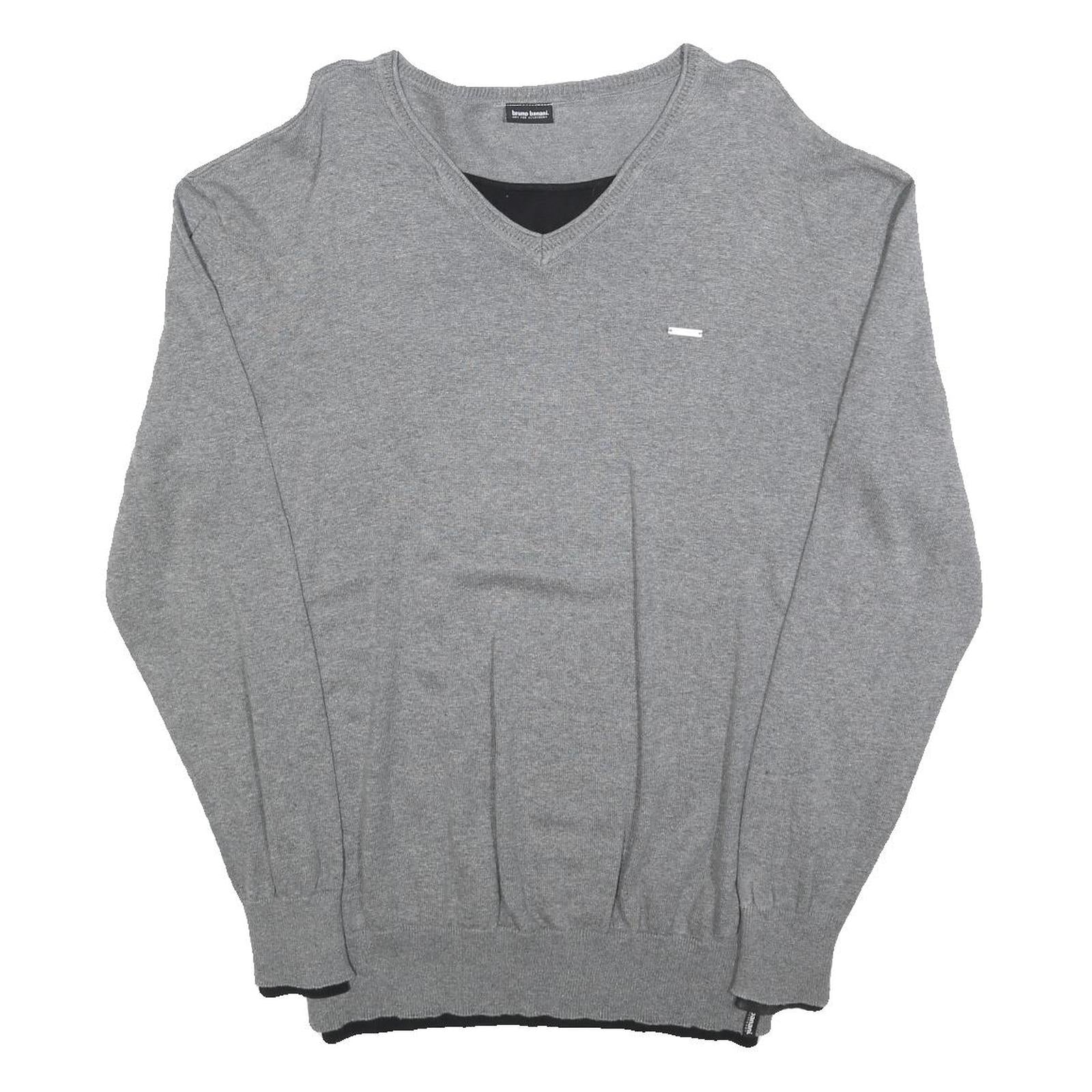 BRUNO BANANI Mens Grey Plain Pullover V-Neck Basic Knit L Lightweight Jumper
