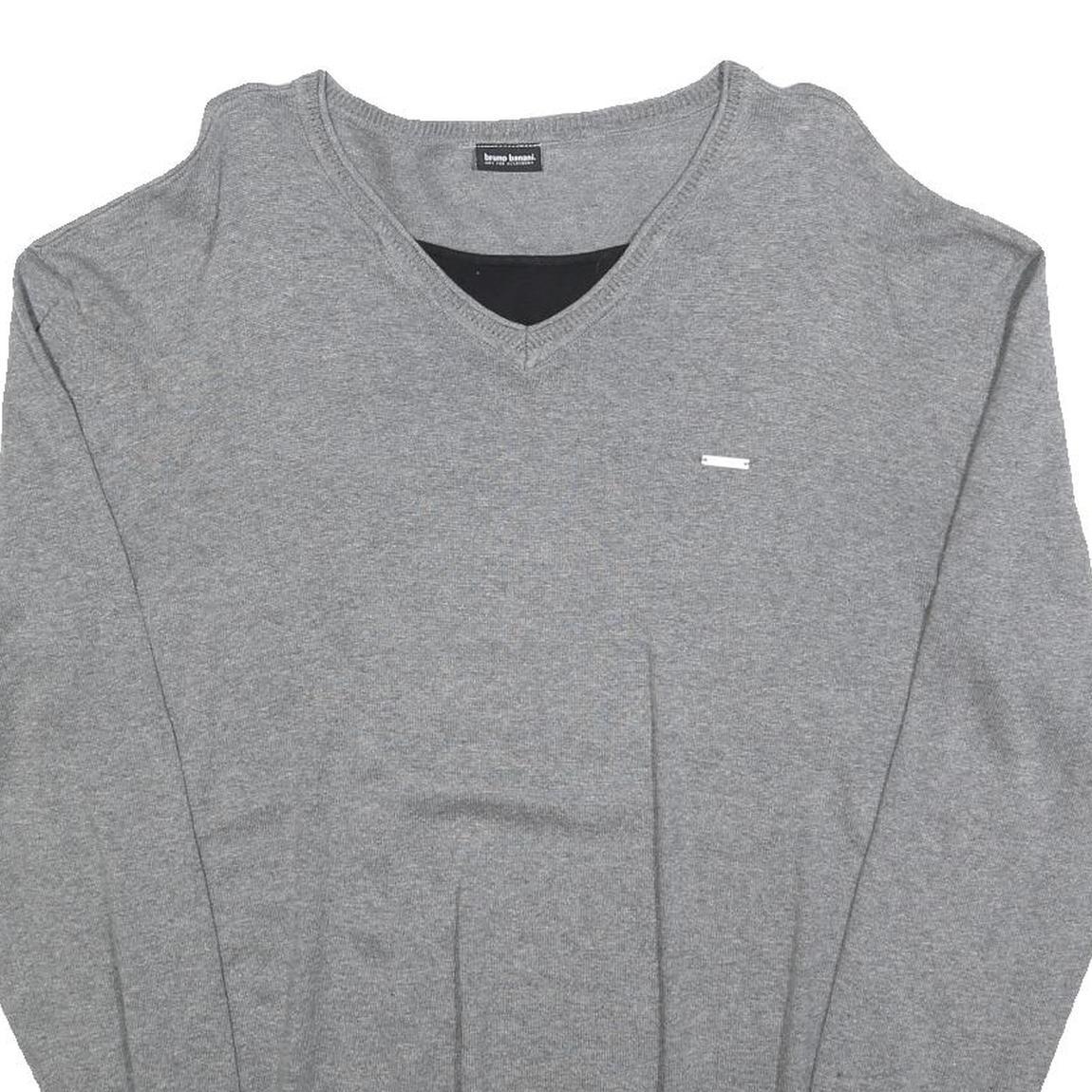 BRUNO BANANI Mens Grey Plain Pullover V-Neck Basic Knit L Lightweight Jumper