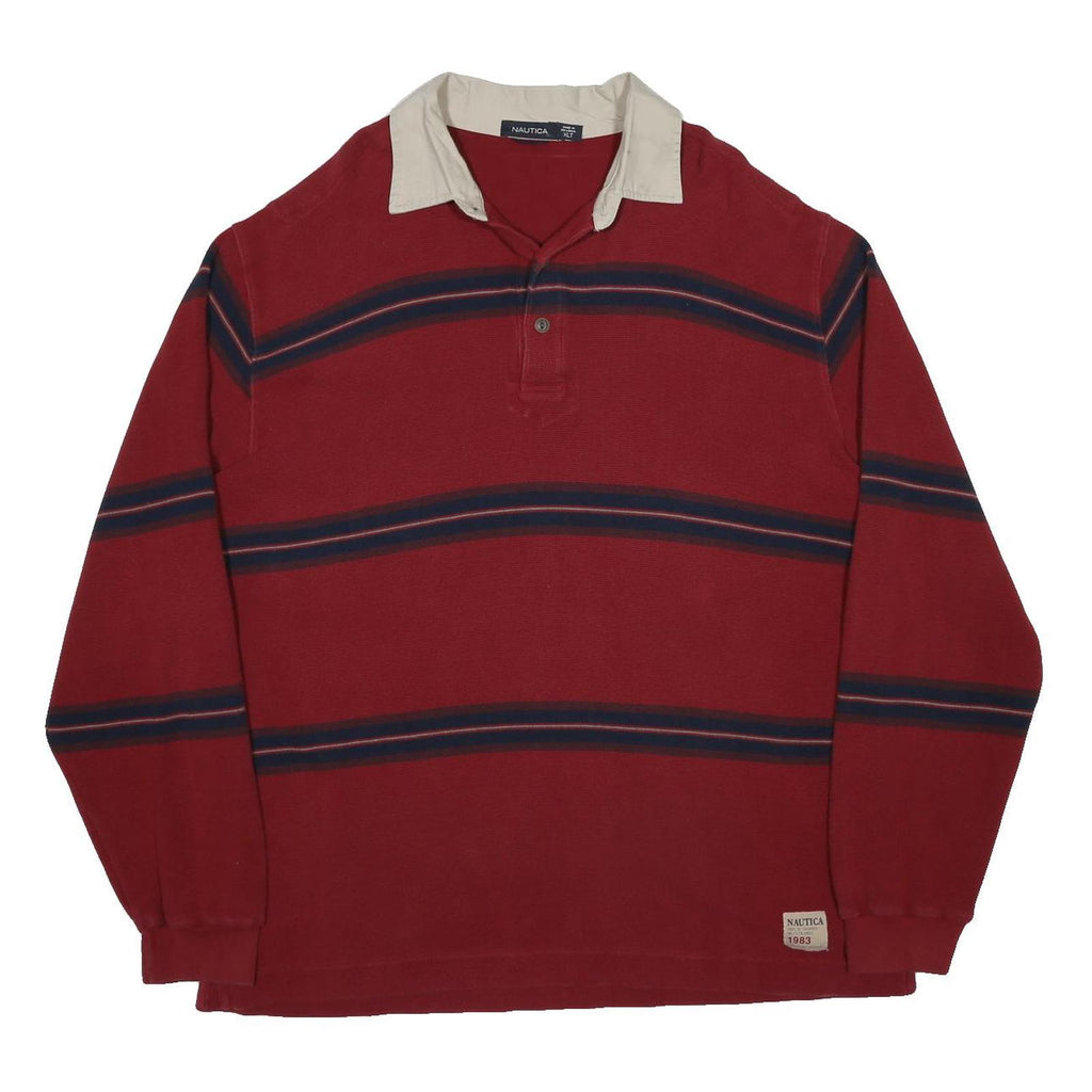 NAUTICA Mens Red & Navy Striped Long Sleeve Basic Polo Shirt XL Cotton