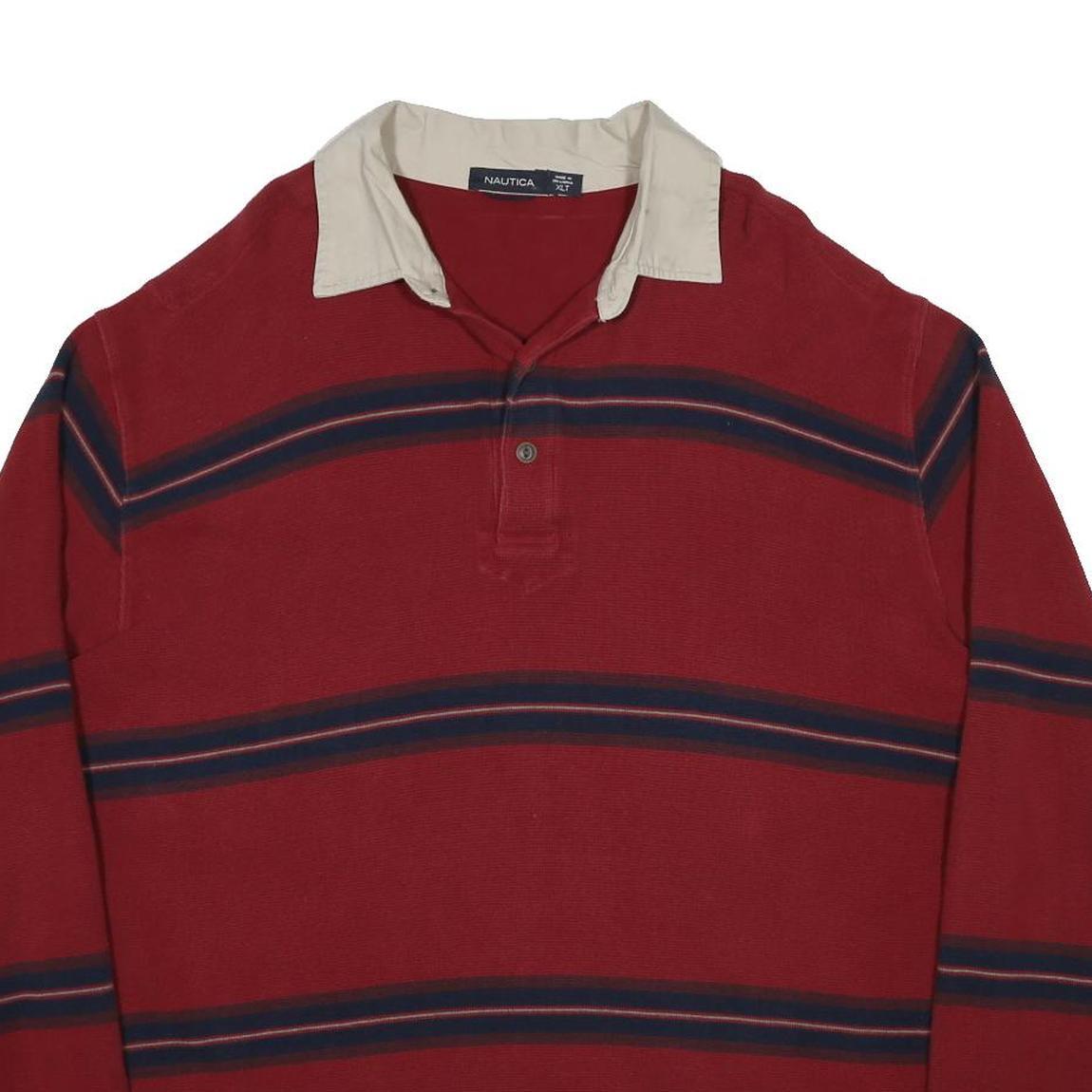 NAUTICA Mens Red & Navy Striped Long Sleeve Basic Polo Shirt XL Cotton