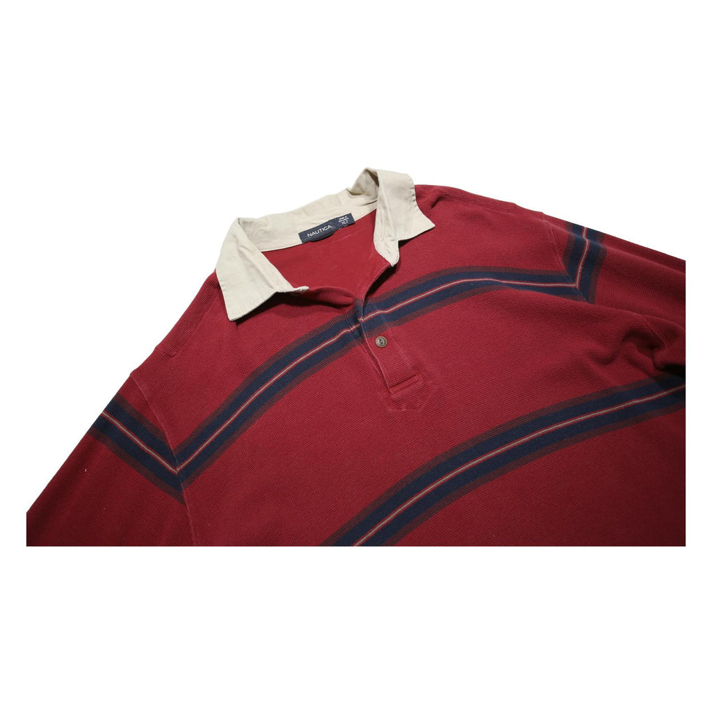NAUTICA Mens Red & Navy Striped Long Sleeve Basic Polo Shirt XL Cotton